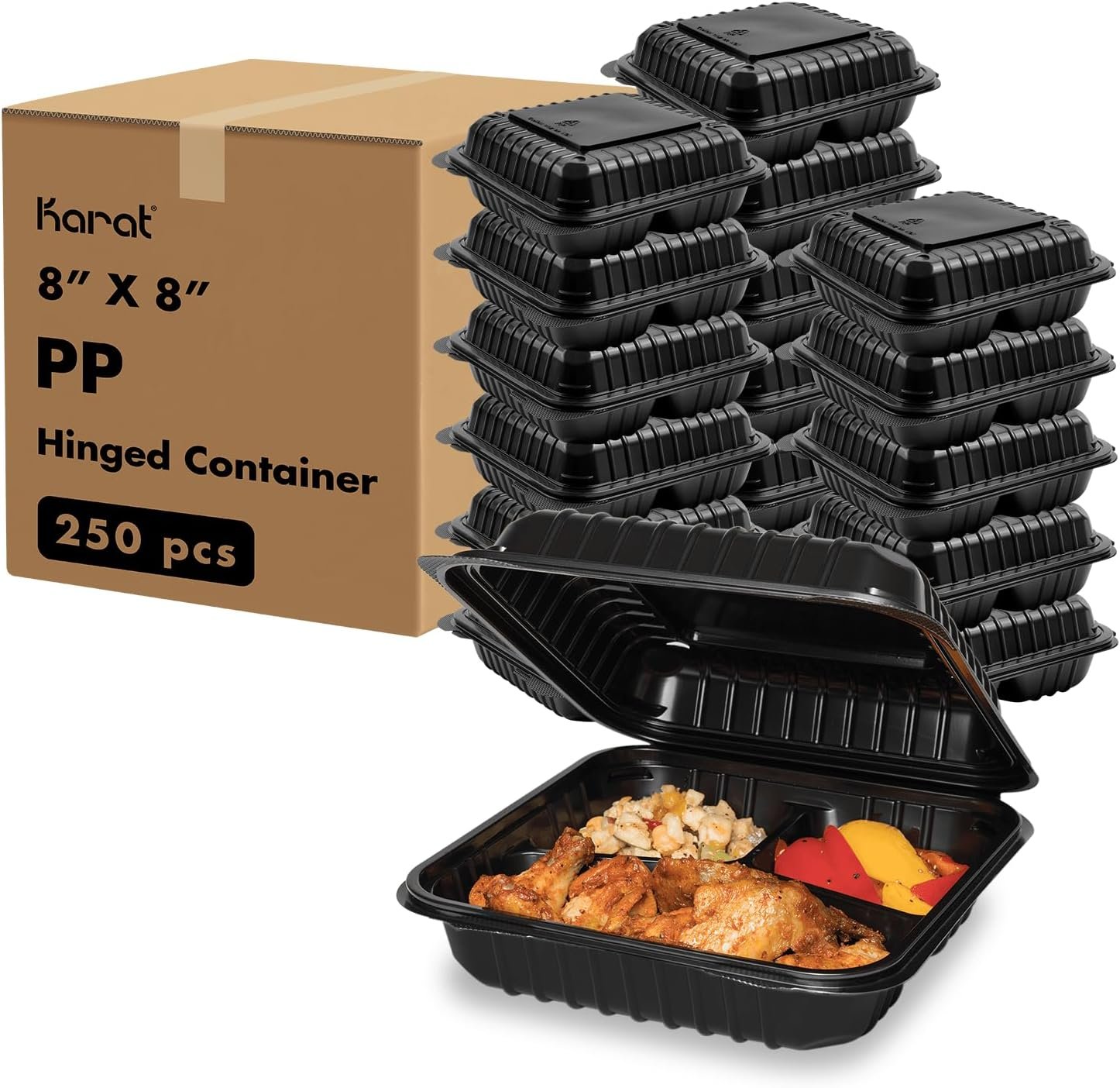 Wholesale 8x8 Inch 3-Compartment Clamshell Takeout Food Containers 250 Count Durable Microwavable Stackable Crack-Resistant Black To Go Boxes Factory