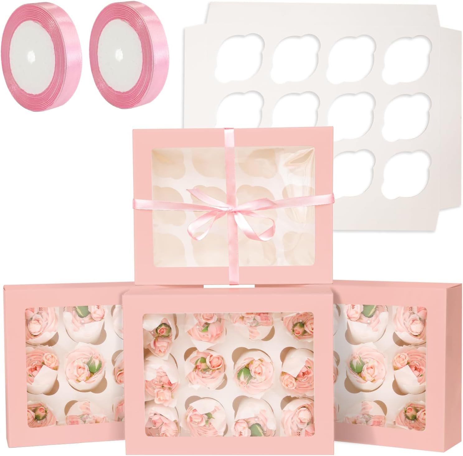 Wholesale Auto Pop-Up Cupcake Boxes with Window Pink 40 Pack 12 Count 13x10x3.5 Inch Containers Carrier Includes 2 Rolls Pink Ribbons Factory
