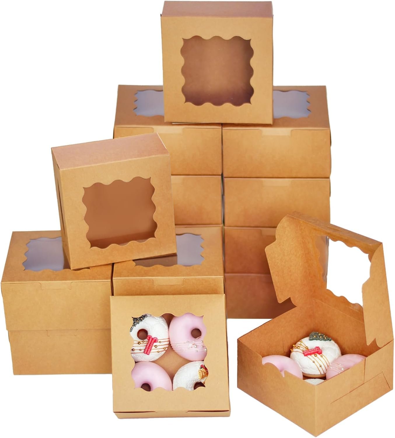 Wholesale Brown 30-Pack Bakery Boxes with Window 6x6x3 Inches Thick Sturdy for Macarons Pastries Cookies Factory