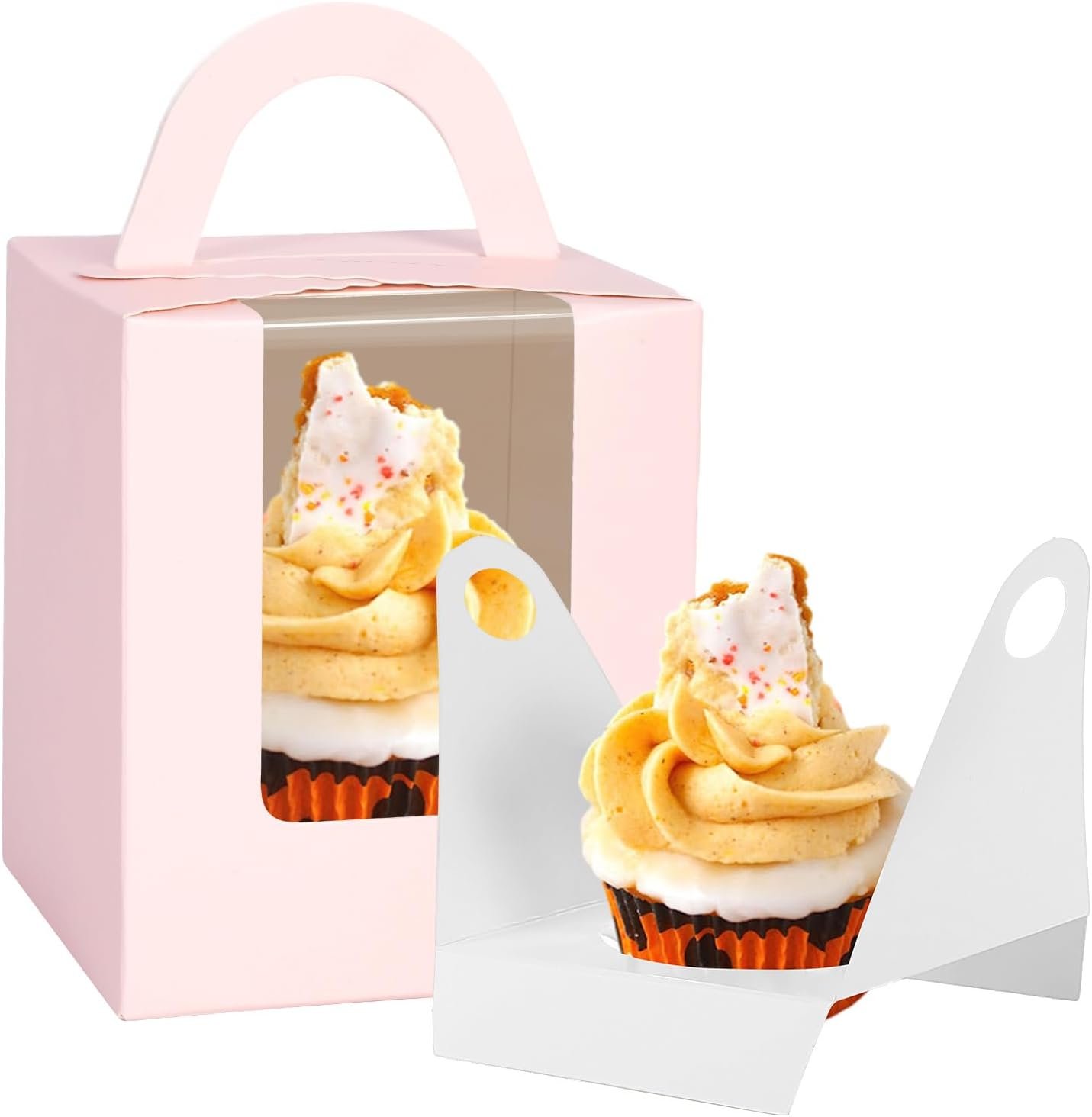 Wholesale Pink 70-Pack Single Cupcake Containers with Insert Window and Handle, Portable Holders for Bakery Wedding Party Favors, Factory