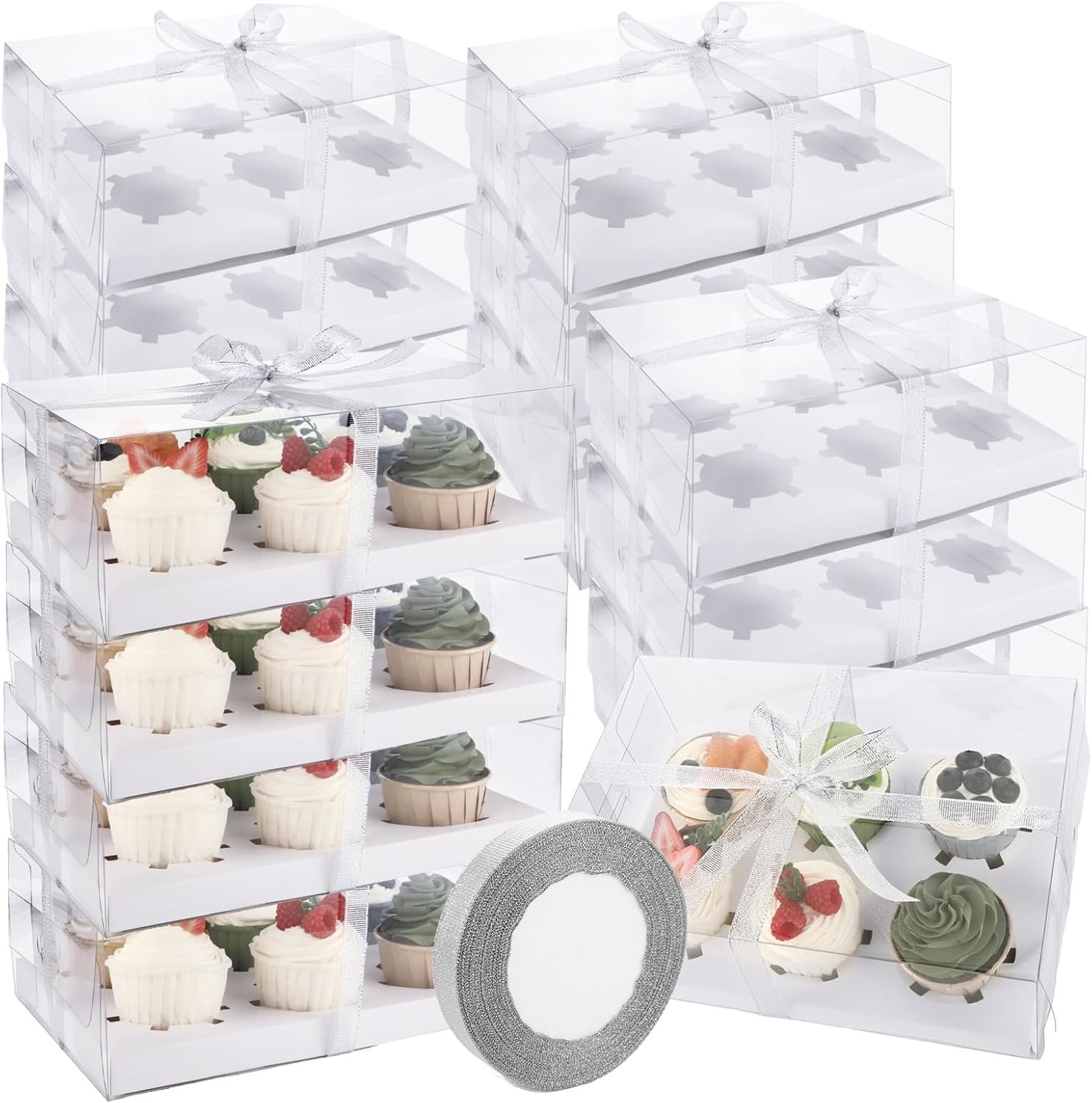 20 Pack Clear Cupcake Boxes 6 Count Cupcake Containers with Gift Ribbon, Plastic Cupcake Holder 6 Count Cup Cake Boxes, Cup Cake Holders Carrier for Parties, Baking, Wedding, Transport
