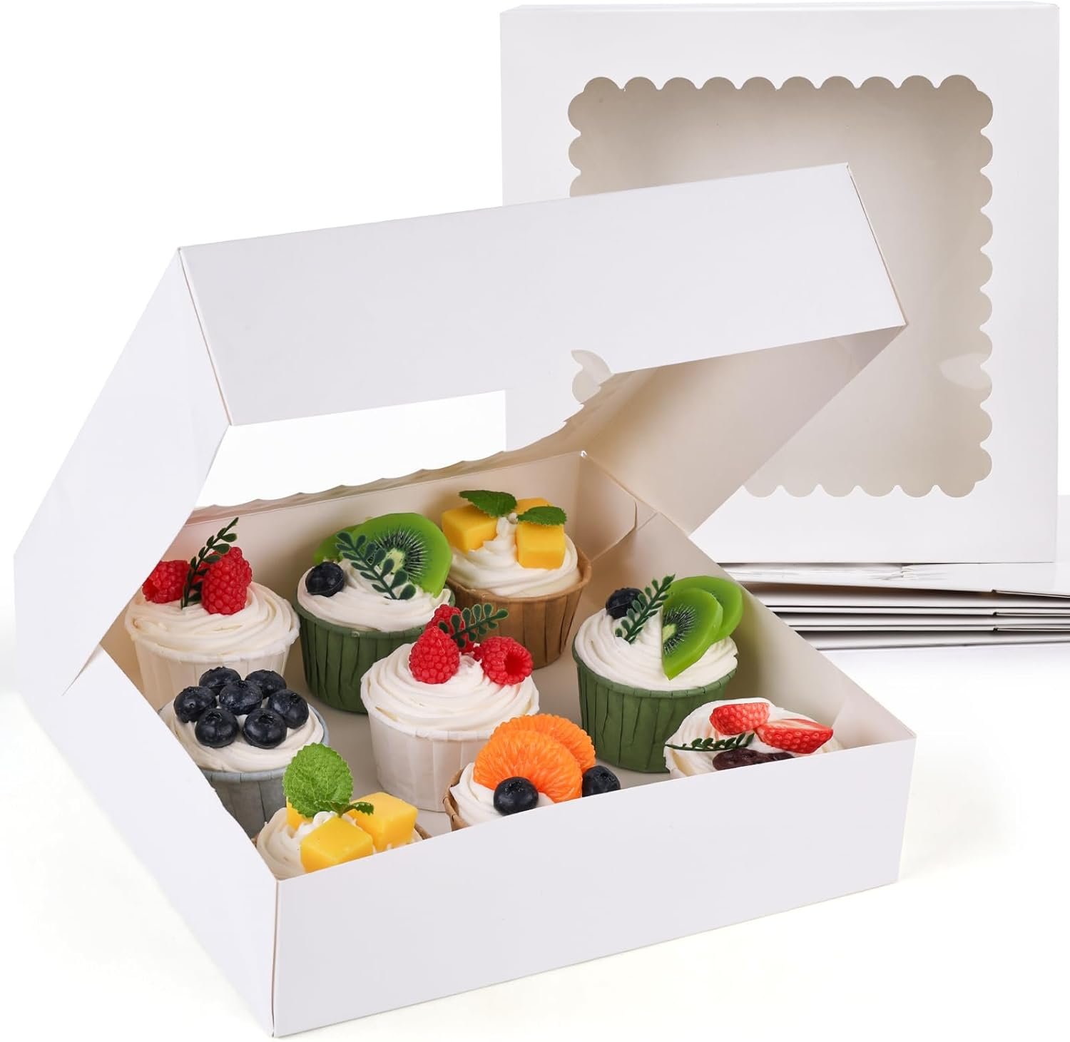 VGOODALL 7 Set Cupcake Boxes, 10x10x2.5Inches Cupcake Carrier Bakery Boxes with Windows and Inserts to Hold Muffins Strawberry and Pastries