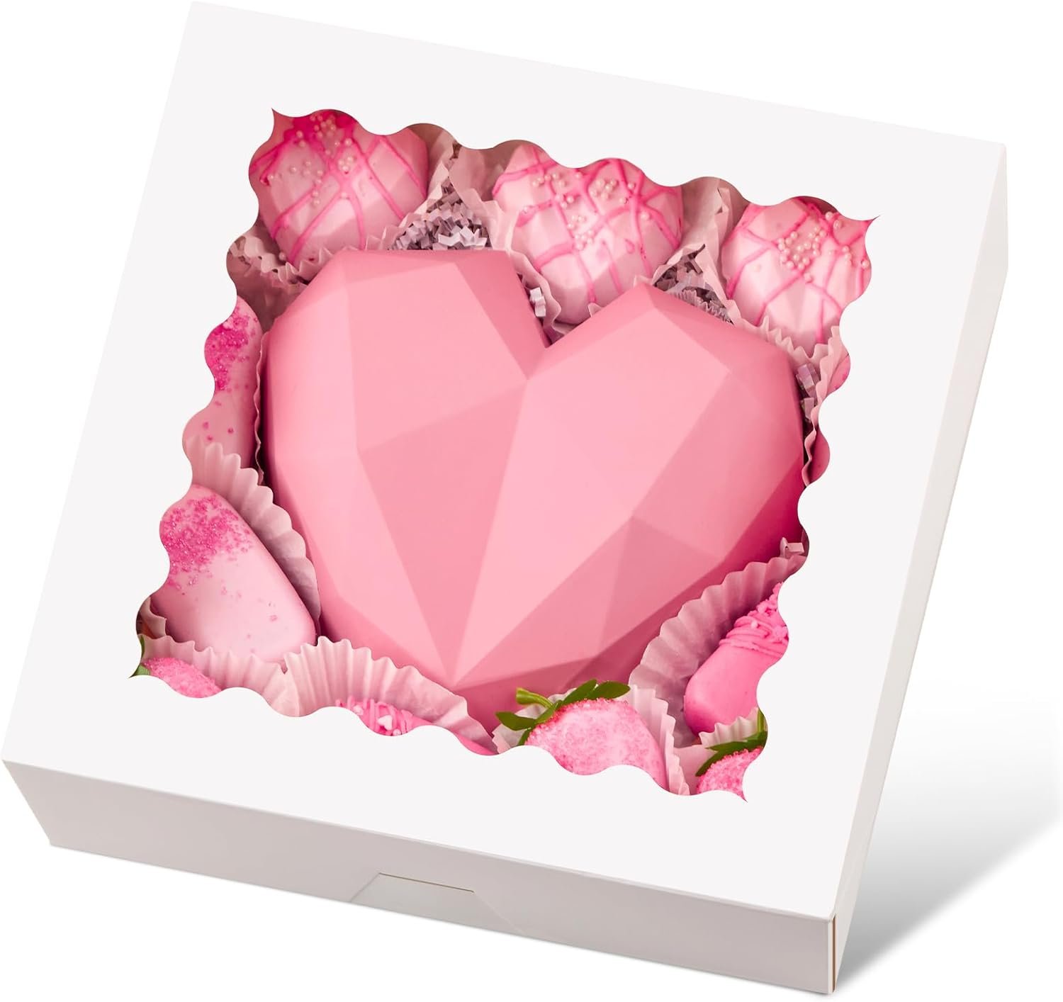 Ocmoiy 20 Pack Pie Boxes, 10 x 10 x 2.5 Inches Bakery Boxes with Window, Auto-Popup Cookie Treat Boxes for Chocolate Strawberries, Pastries, Muffins, Donuts, Breakable Heart