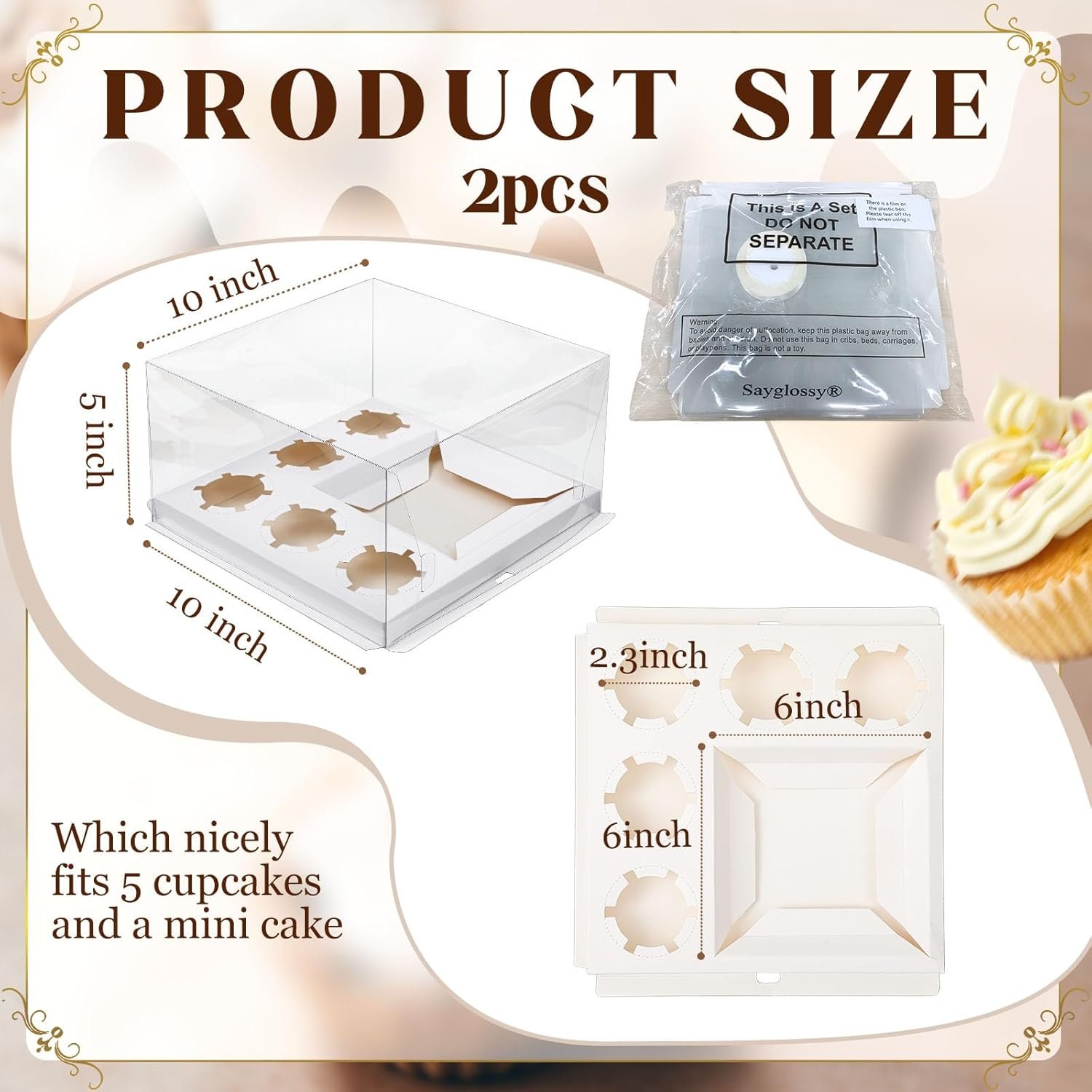 Wholesale 2-Pack Clear Bento Cake Boxes Combo Fits 1 Mini Cake 5 Cupcakes for Valentine Wedding Birthday Donut Muffin Bakery Treats White Factory