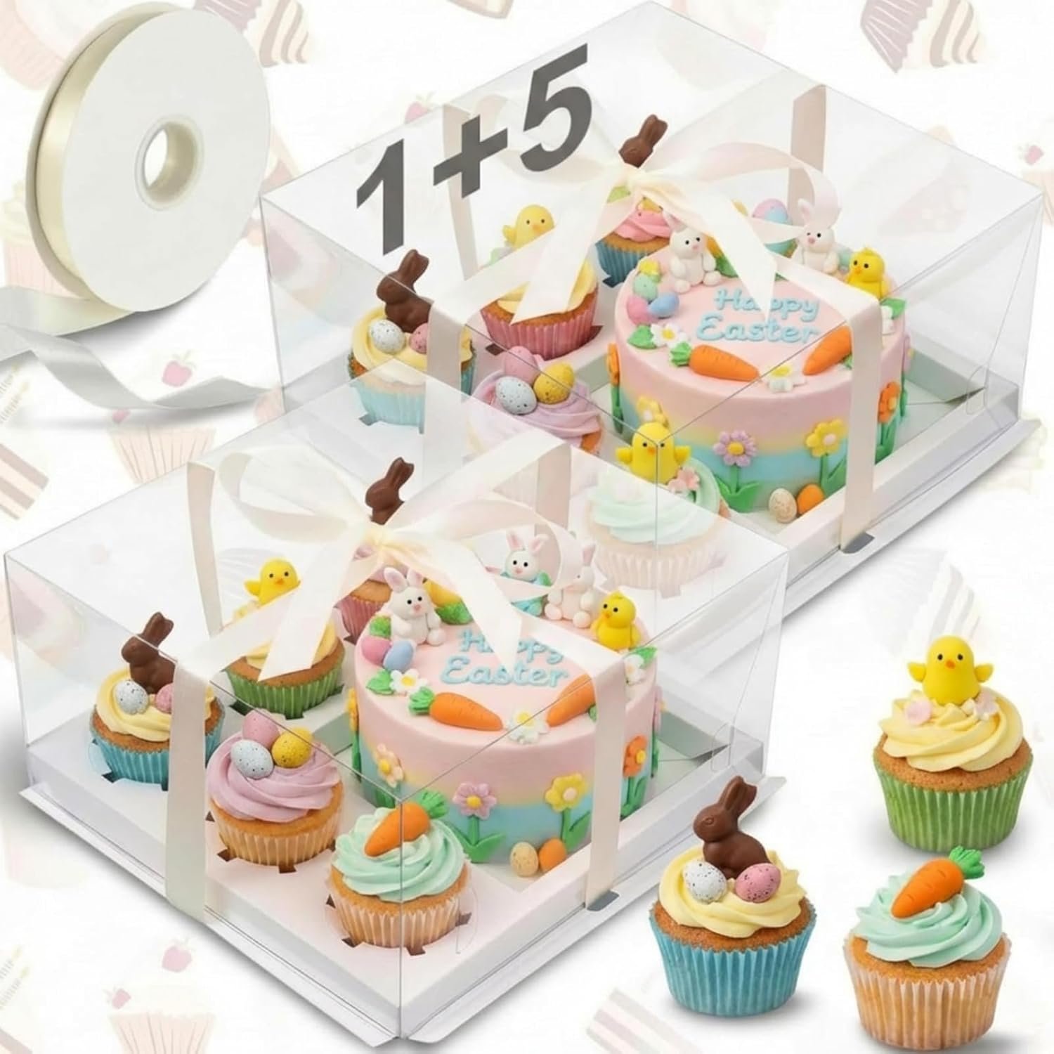 2 Pack 1+5 Bento Cake Boxes with Cupcakes Clear Bento Cakes and Cupcake Box Combo Fit 5 Cupcakes and 1 Mini Cake for Valentines Day Wedding Birthday Treats Donuts Muffins Bakery (White)