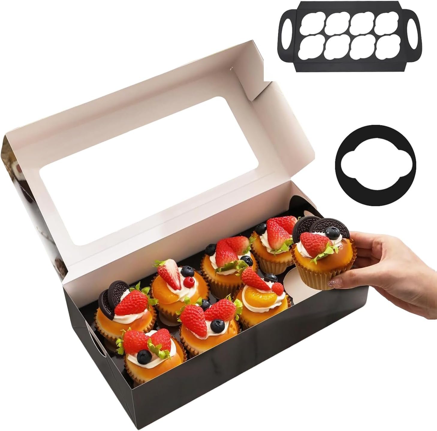 15 Black Cupcake Boxes 8 Count with Window and Inserts, Cupcake Containers, Mother's Day Cupcake Boxes for Cupcakes, Muffins, Cookies