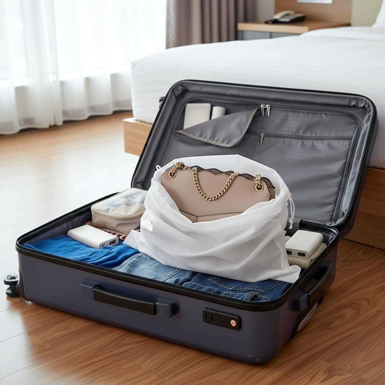 Wholesale 5 Pcs Breathable Non-Woven Drawstring Dust Bags for Handbags Purses Shoes Travel Luggage Organizer Storage White 19x15 In Factory