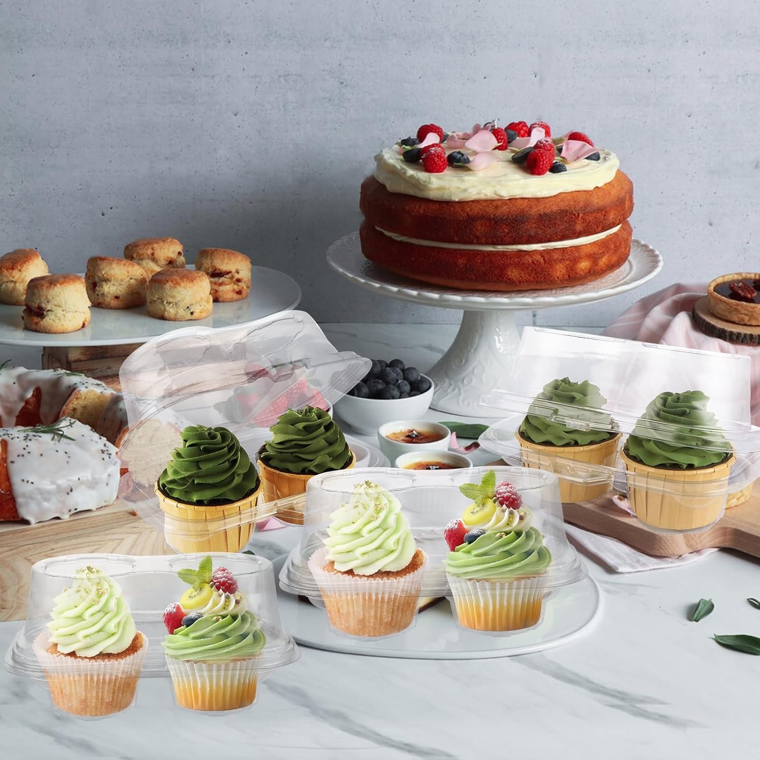 Wholesale 100PCS 2-Cavity Clear Plastic Cupcake Containers with Lids Disposable Holders for Cupcakes Muffins High Topping Factory