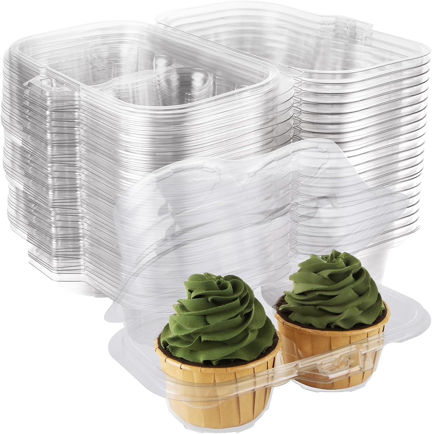 100PCS Cupcake Containers 2 Count Clear Cupcake Boxes Disposable Cupcake Holder with Lid Plastic Cupcake Containers 2 Cavity High Topping Cupcake Container for Cupcakes Muffins Pies