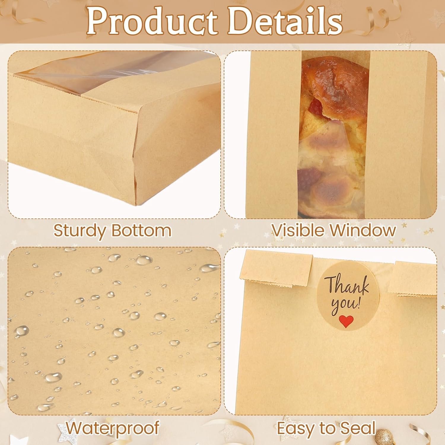 Wholesale 130 Pcs Paper Bread Bags with Window 9.6x4.7x2.36in Medium Size for Cookies Donuts Bakery Items 144 Stickers Included for Easter Baking Storage Factory