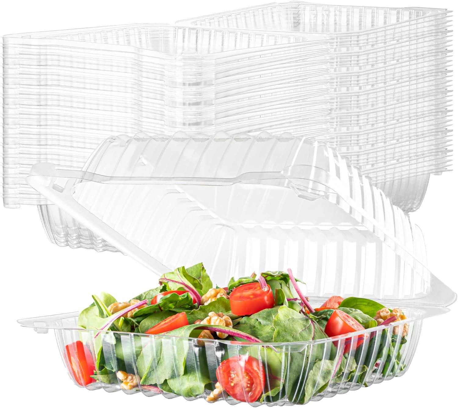 Wholesale 50 Clear Plastic Hinged Lid Clamshell Containers 8x8x3 Inches for Bakery Supplies Cakes Cookies Desserts Salads Strawberries Treats Factory