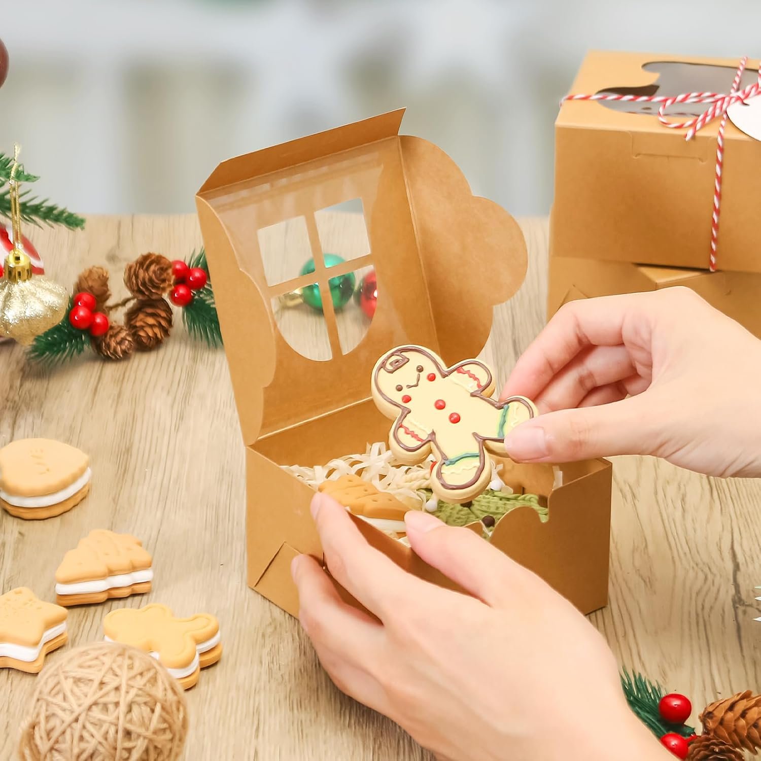 Wholesale 30 Pack 4x4x2.5 Inch Christmas Cookie Boxes with Window Kraft Brown Bakery Boxes for Gift Giving Mini Cake Donut Chocolate Strawberry Pastry Muffin Treats Factory