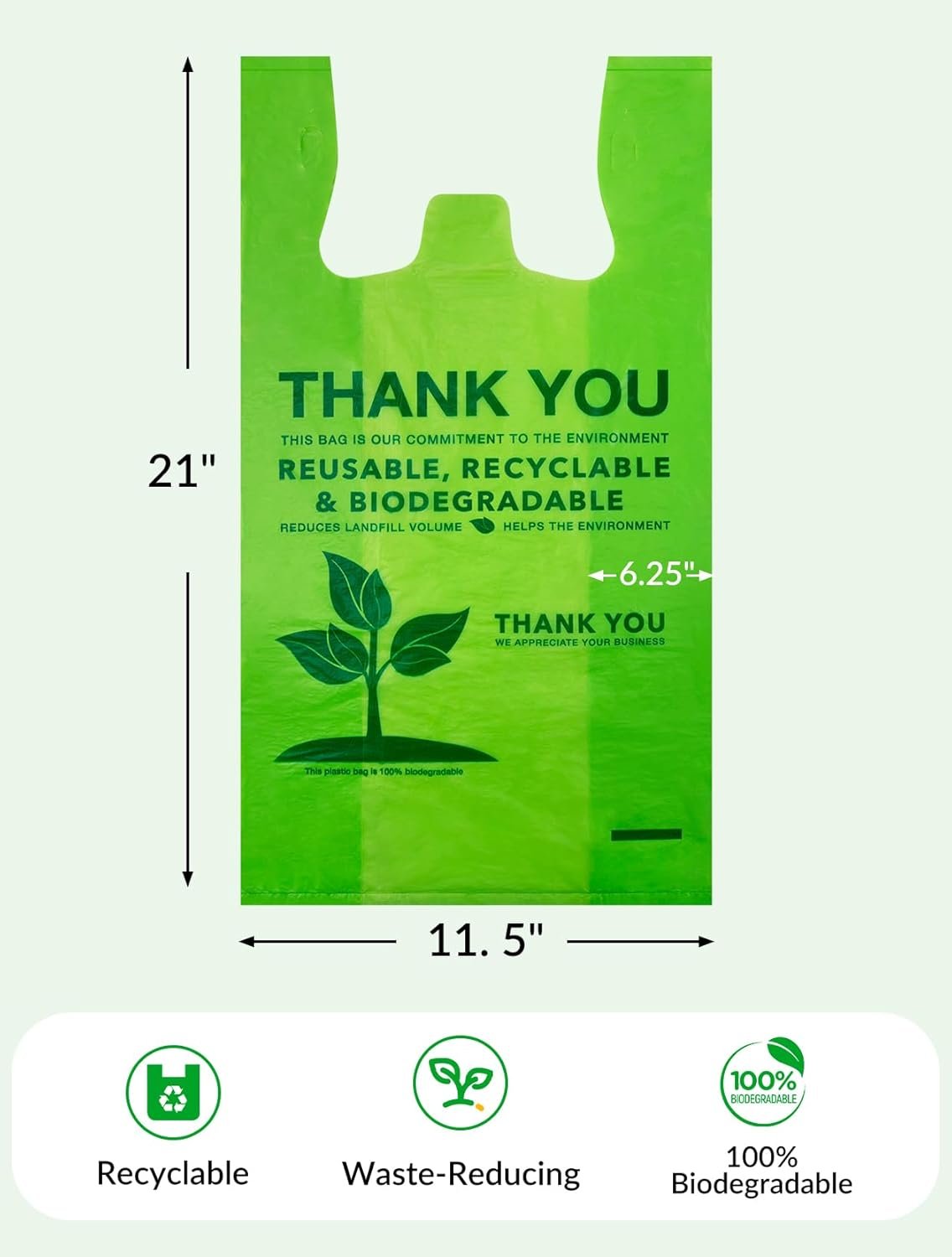 Wholesale 100 Count 100% Biodegradable Compostable Recyclable Eco-Friendly Thank You Grocery T-Shirt Bags 11.5