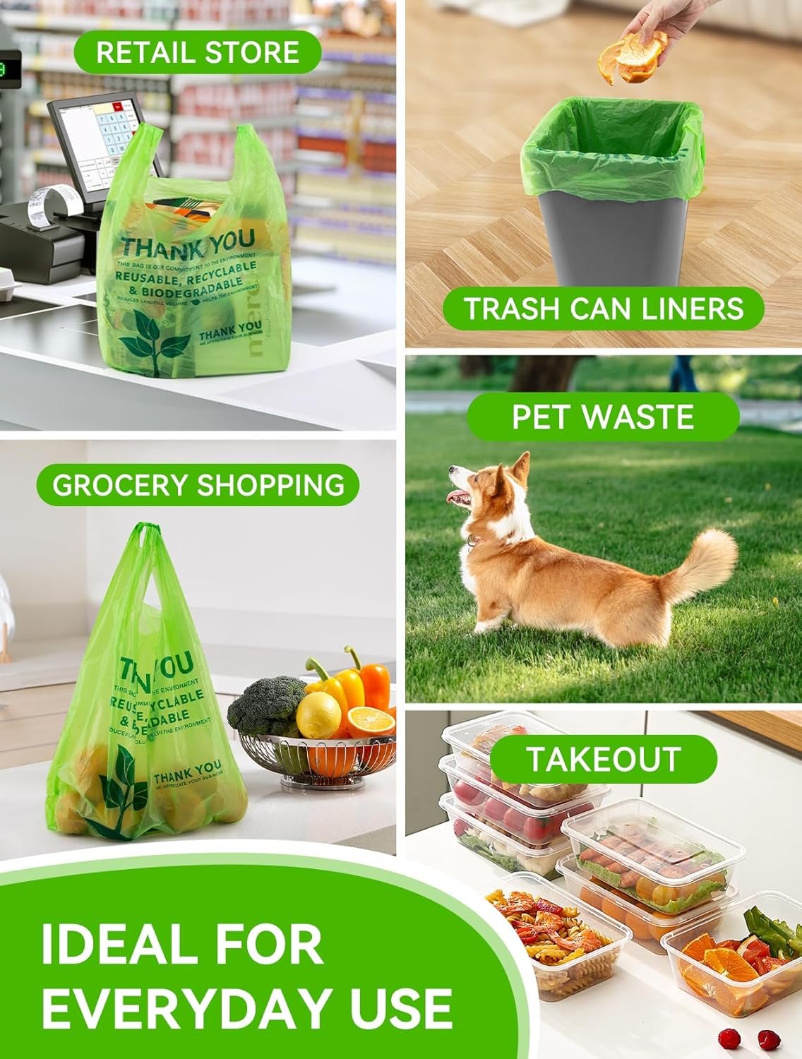 Wholesale 100 Count 100% Biodegradable Compostable Recyclable Eco-Friendly Thank You Grocery T-Shirt Bags 11.5