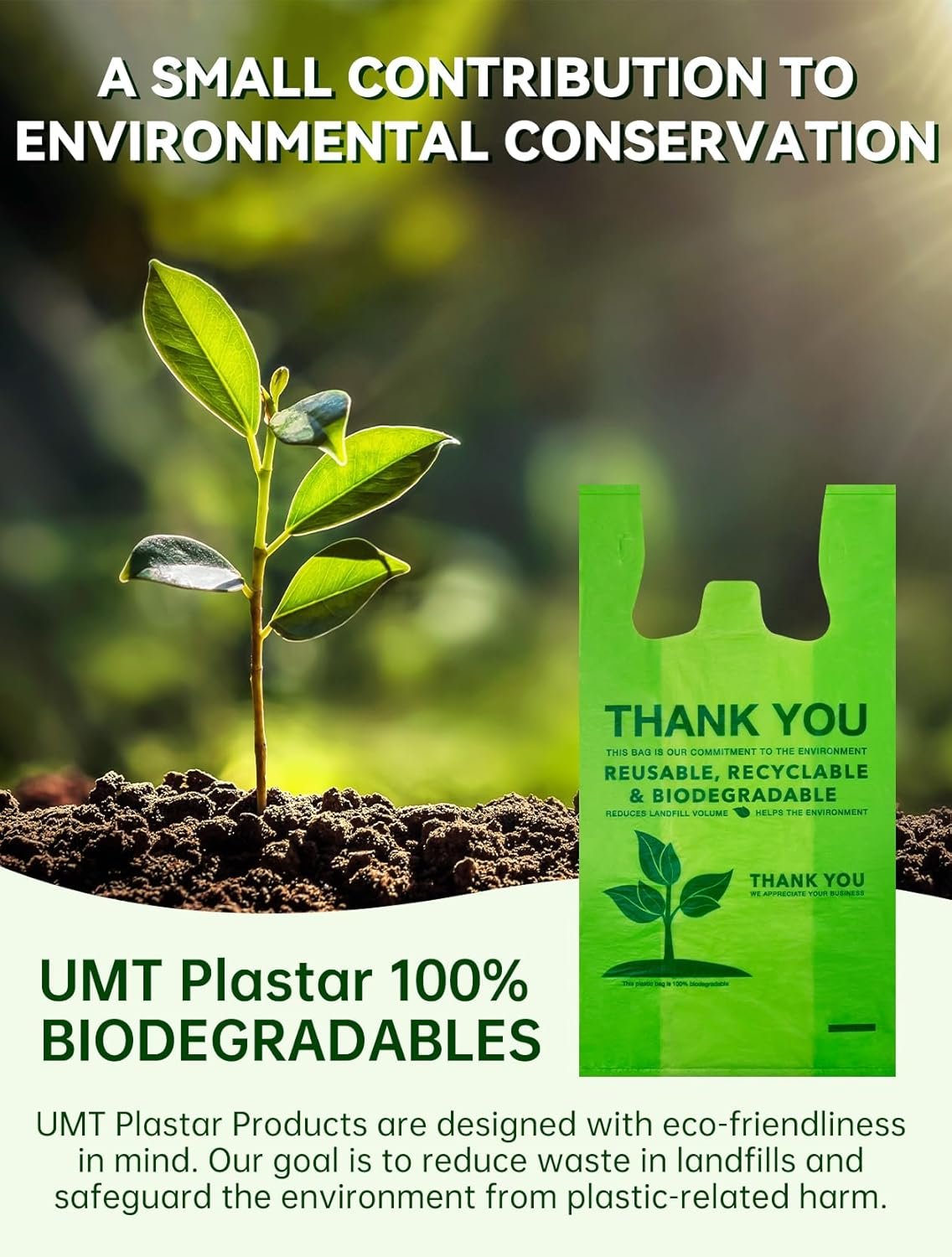 Wholesale 100 Count 100% Biodegradable Compostable Recyclable Eco-Friendly Thank You Grocery T-Shirt Bags 11.5