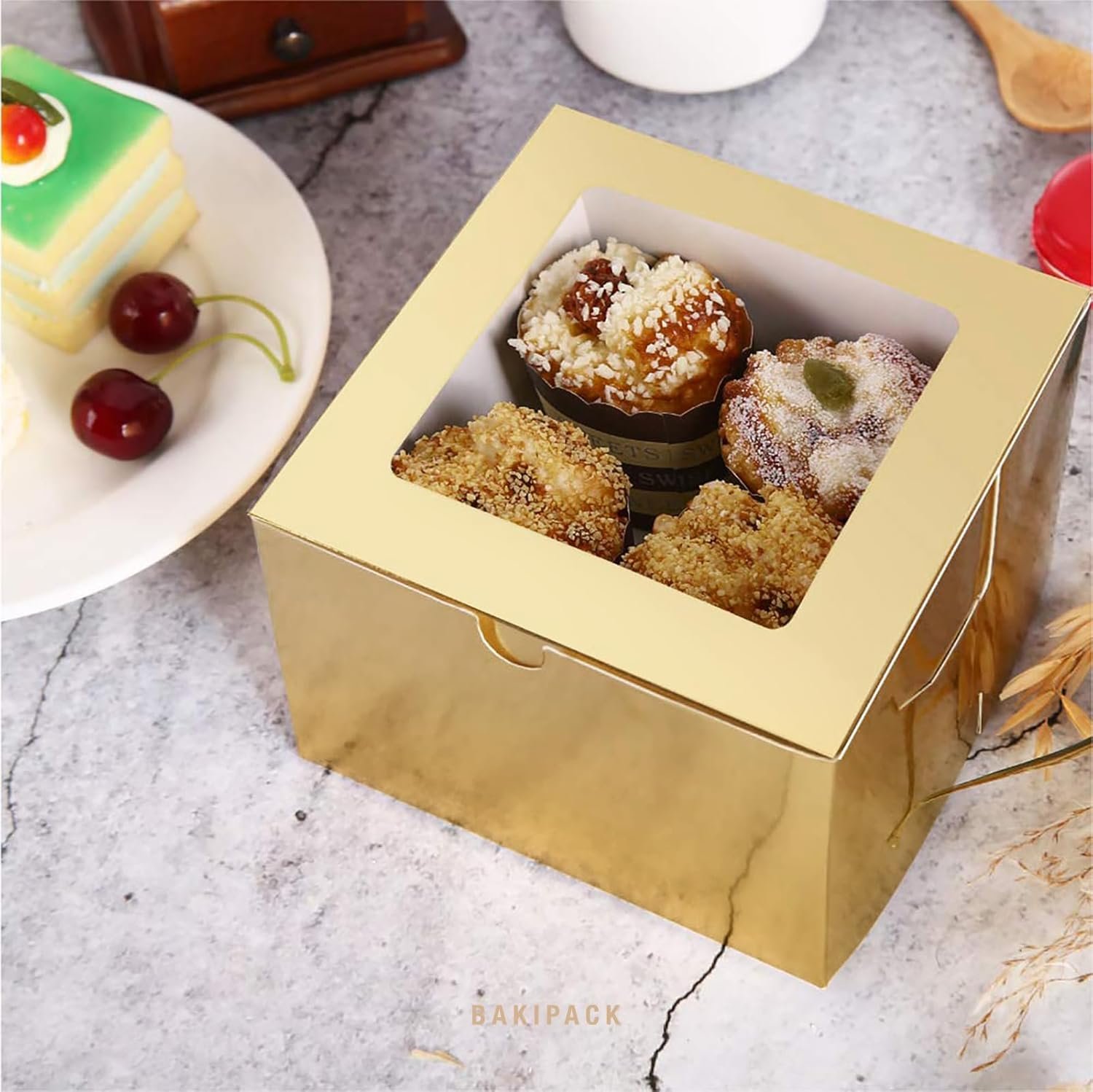 Wholesale 25 Gold Bakery Boxes with Window 5x5x3.5 Inches for Desserts Cookies Pastries Candies Party Favors Wedding Cakes Factory