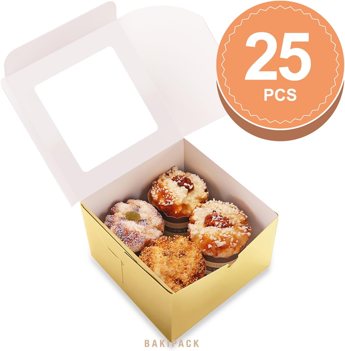 Wholesale 25 Gold Bakery Boxes with Window 5x5x3.5 Inches for Desserts Cookies Pastries Candies Party Favors Wedding Cakes Factory