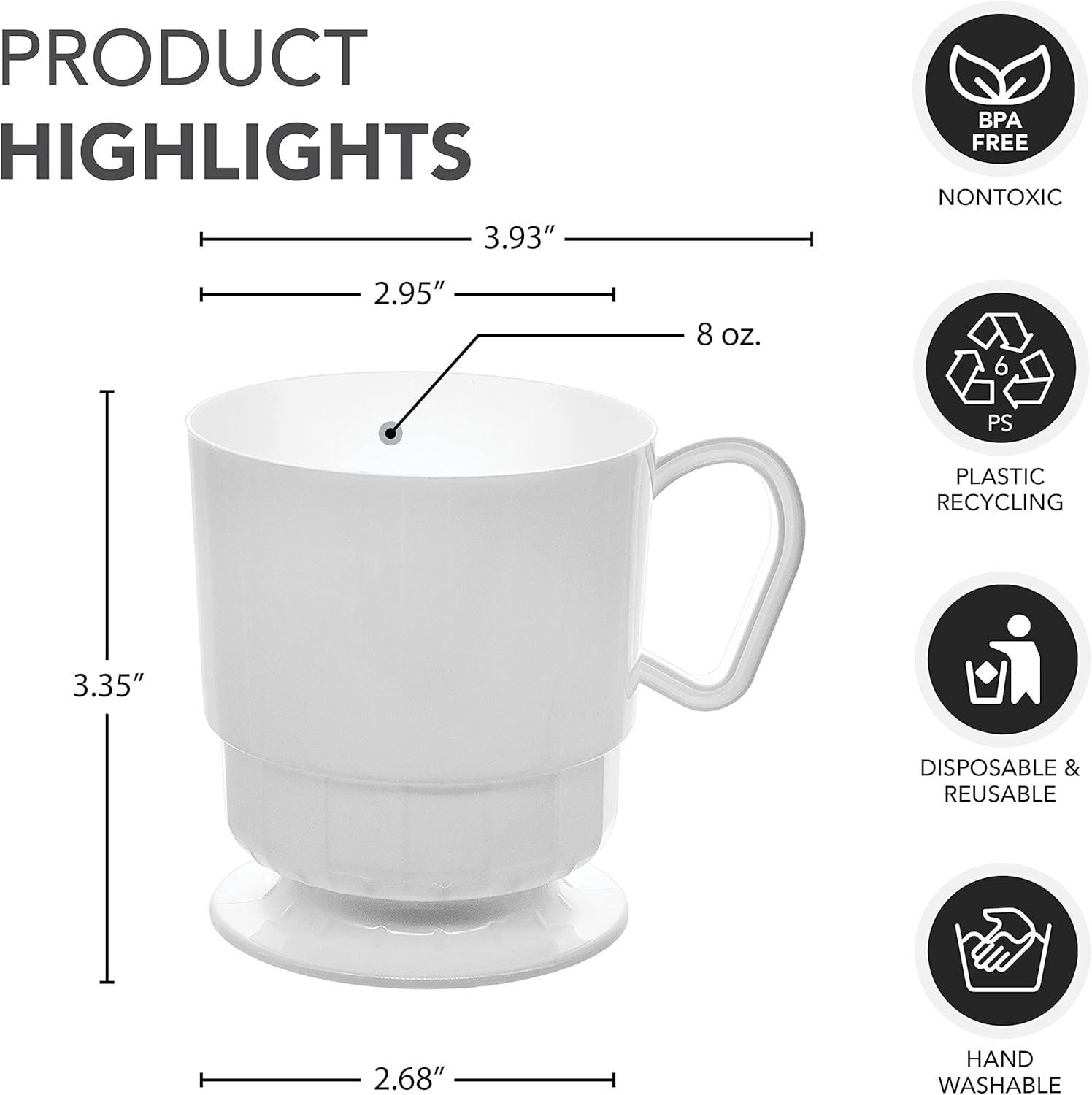 Wholesale 8 oz Hard Plastic Coffee Cups Tea Mugs with Handles 20 Count Deluxe White Factory Wholesale 8 oz Hard Plastic Coffee Cups Tea Mugs with Handles 20 Count Deluxe White Factory
