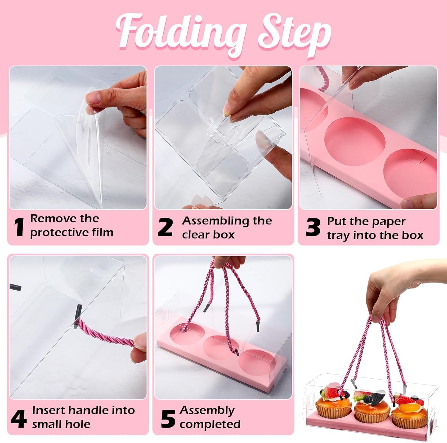 Wholesale 40 Pack Clear Rectangular Cupcake Boxes 9x3x3 Inch 3 Compartments Pastry Containers Cookies Gift Packaging with Rope Handle for Birthday Wedding Graduation Parties Pink Factory