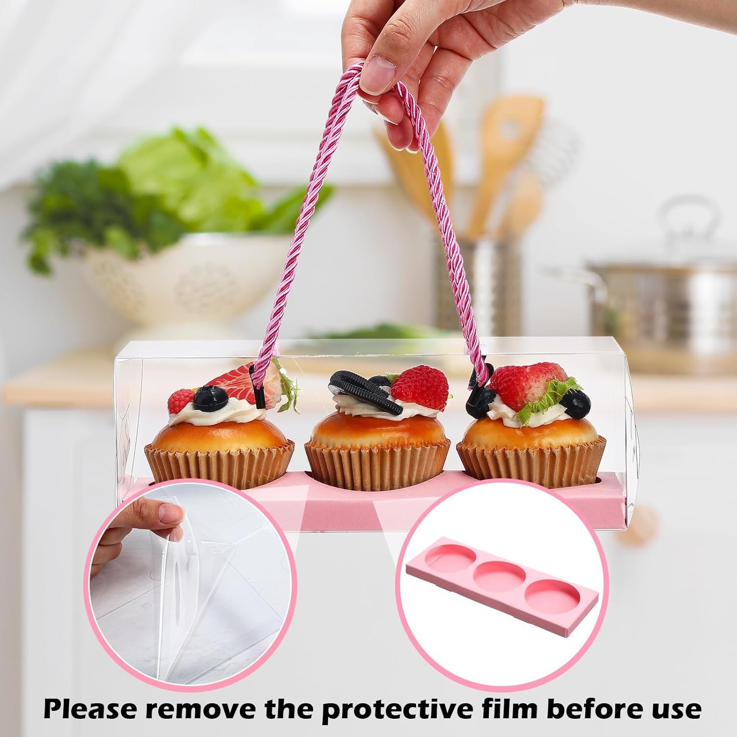 Wholesale 40 Pack Clear Rectangular Cupcake Boxes 9x3x3 Inch 3 Compartments Pastry Containers Cookies Gift Packaging with Rope Handle for Birthday Wedding Graduation Parties Pink Factory