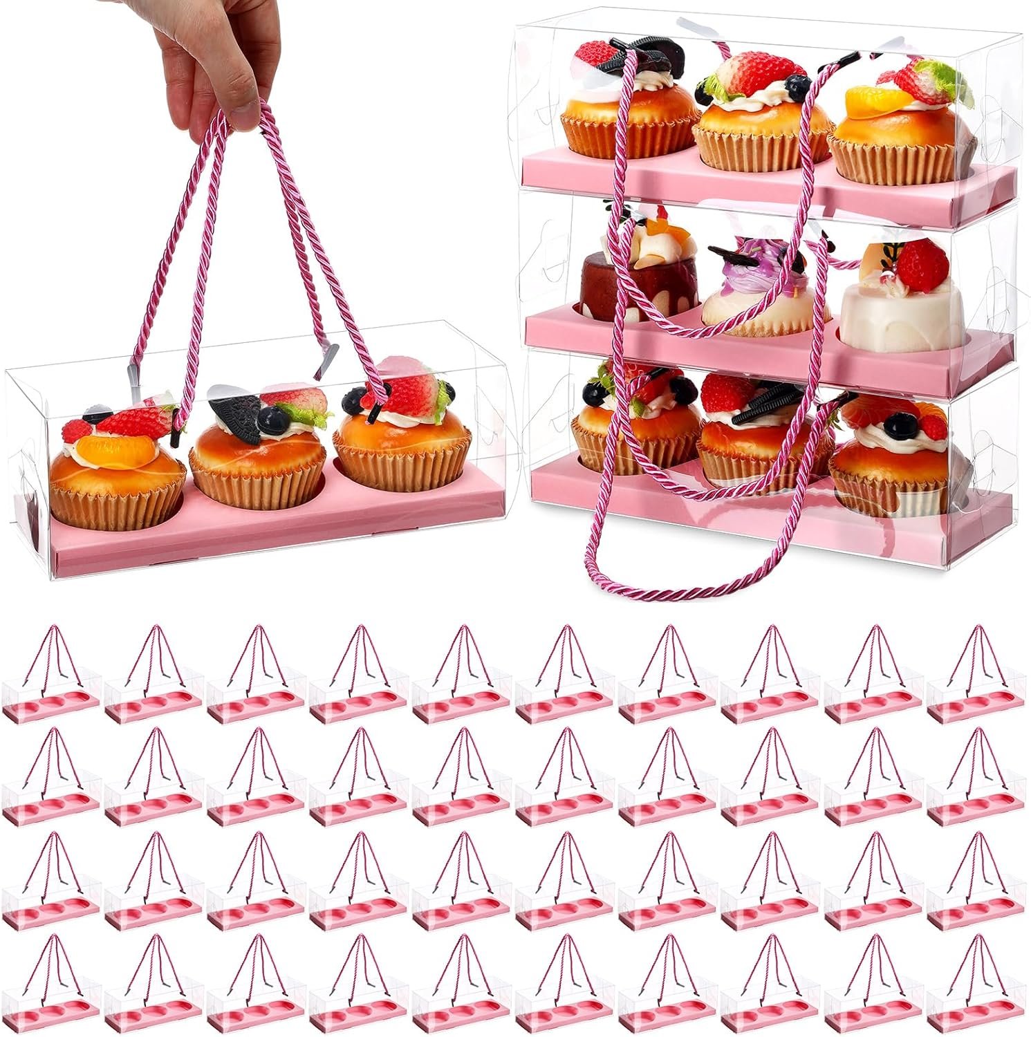 Thenshop 40 Pcs Clear Cupcake Boxes 9 x 3 x 3 Inch Rectangular Cupcake Containers 3 Compartments Pastry Packaging Cookies Gift Box with Rope Handle for Graduation Gifts Birthday Wedding Party(Pink)