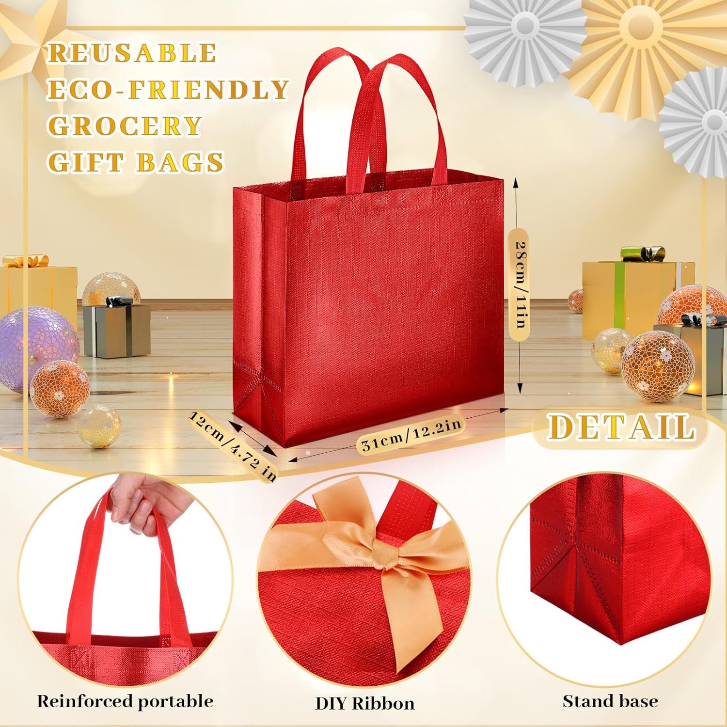 Wholesale 48 Pcs Reusable Gift Bags with Handles Non-Woven Glossy Gold Grocery Tote Bridesmaid Bags for Wedding Christmas Baby Shower Birthday Party Red Factory