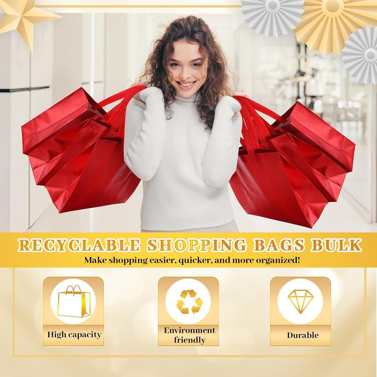 Wholesale 48 Pcs Reusable Gift Bags with Handles Non-Woven Glossy Gold Grocery Tote Bridesmaid Bags for Wedding Christmas Baby Shower Birthday Party Red Factory