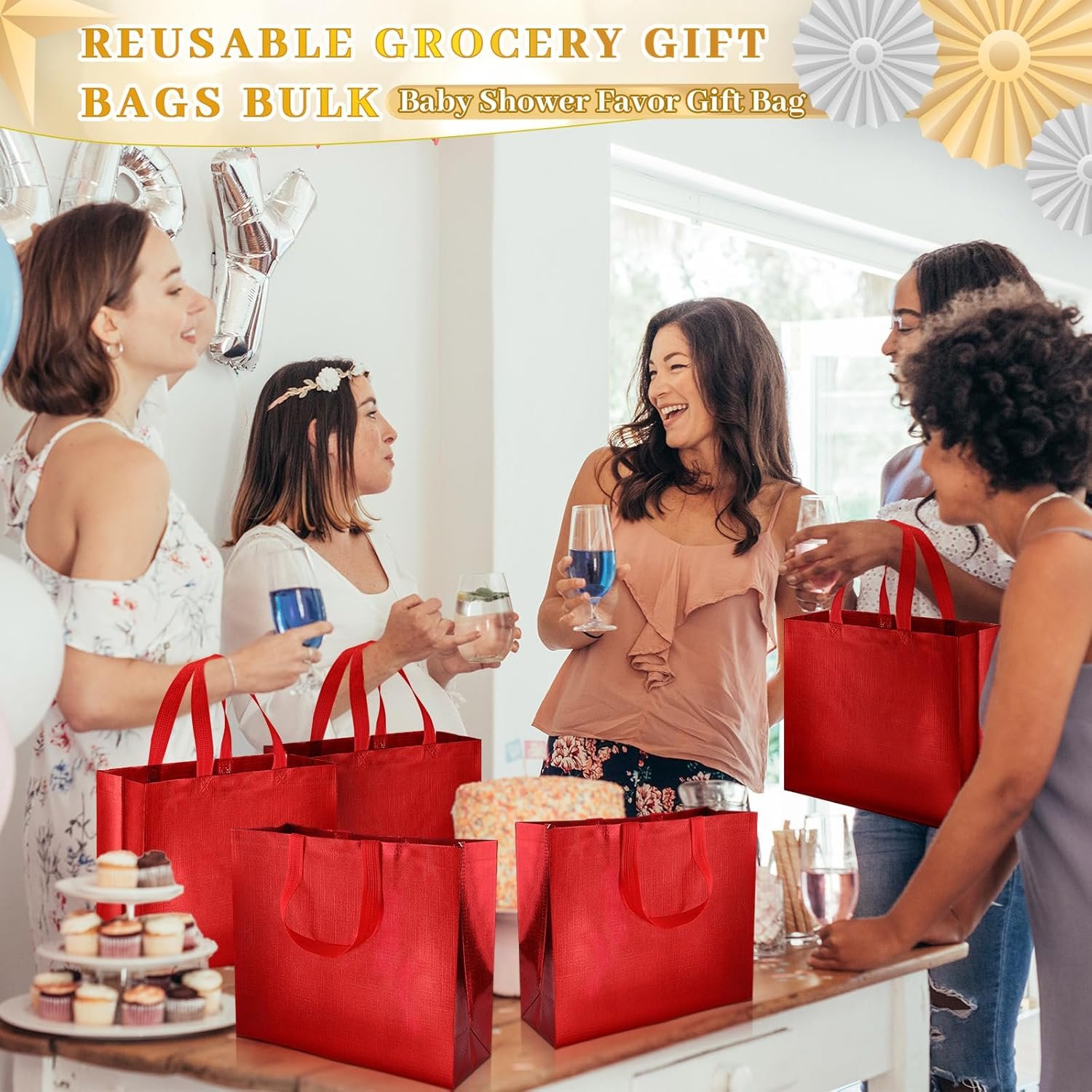 Wholesale 48 Pcs Reusable Gift Bags with Handles Non-Woven Glossy Gold Grocery Tote Bridesmaid Bags for Wedding Christmas Baby Shower Birthday Party Red Factory