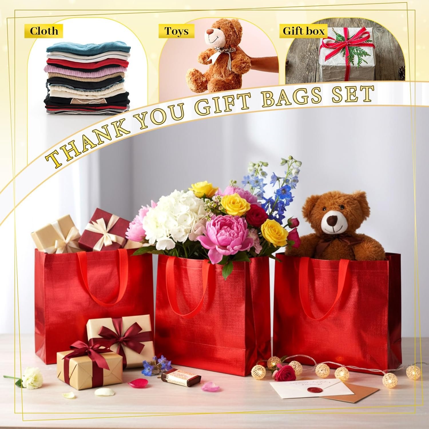 Wholesale 48 Pcs Reusable Gift Bags with Handles Non-Woven Glossy Gold Grocery Tote Bridesmaid Bags for Wedding Christmas Baby Shower Birthday Party Red Factory