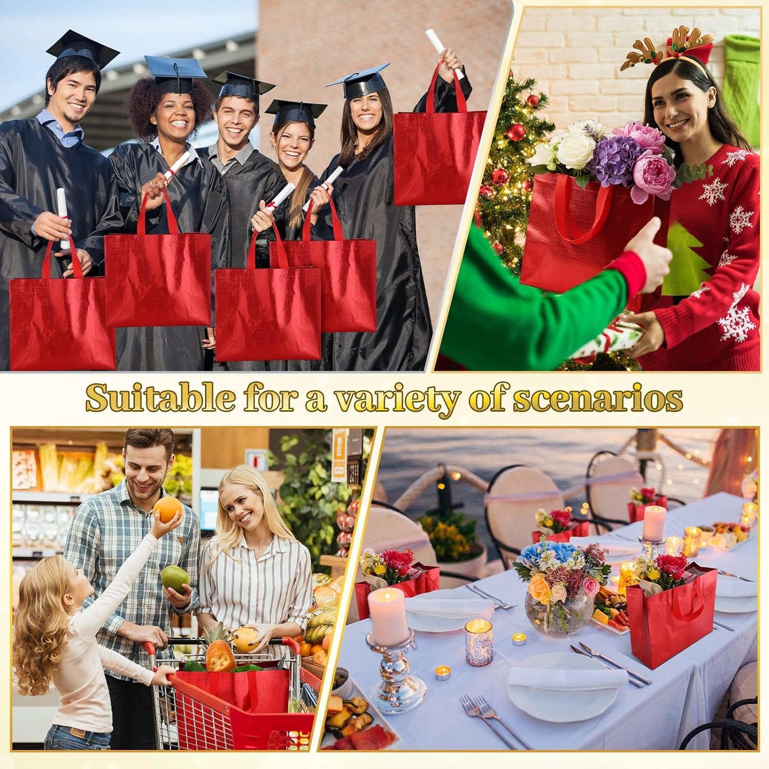 Wholesale 48 Pcs Reusable Gift Bags with Handles Non-Woven Glossy Gold Grocery Tote Bridesmaid Bags for Wedding Christmas Baby Shower Birthday Party Red Factory