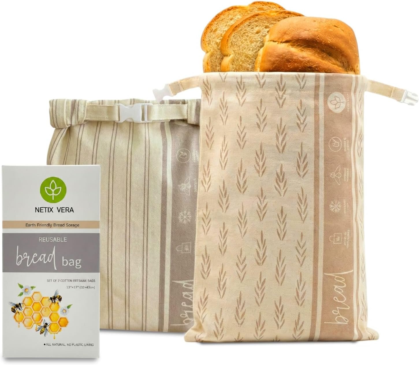 2 Pack Reusable Beeswax Sourdough Bread Bags for Homemade Bread, XL Natural Cotton Beeswax Bags 13” x 17”, Eco-Friendly & Freezer Friendly Food-Safe Design to Keep Bread Fresh Longer | Breathable