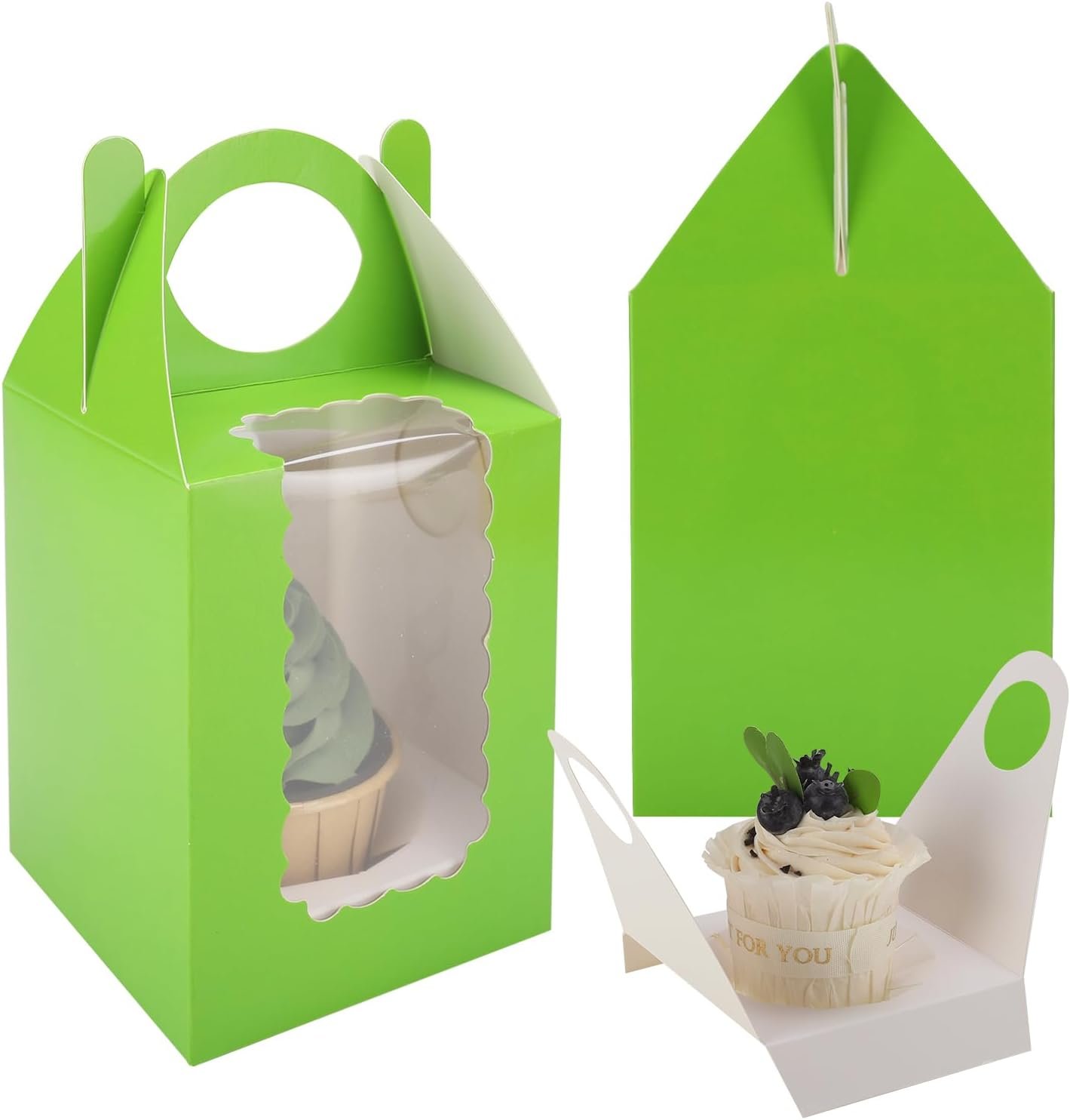25 Pcs Individual Cupcake Containers, Single Container Cardboard Holders with Insert and Window for Muffins Cocoa Bombs Packaging Togo Boxes for Birthdays Showers Party Favors(Green)