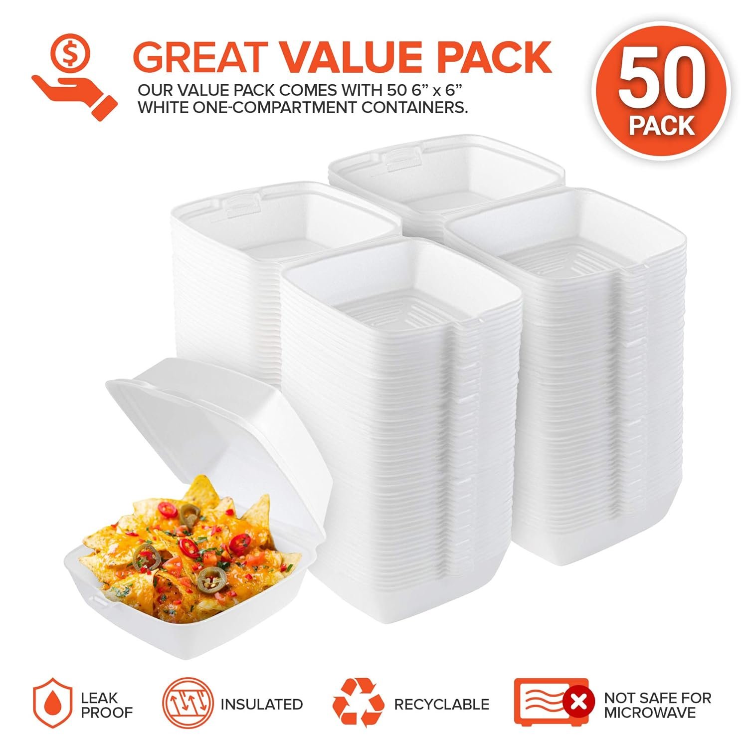 Wholesale 6x6 Small 1-Compartment Clamshell Take Out Boxes 50 Pack Disposable Foam Food Containers with Hinged Lids for Restaurant Takeout Carryout Meal Prep Factory