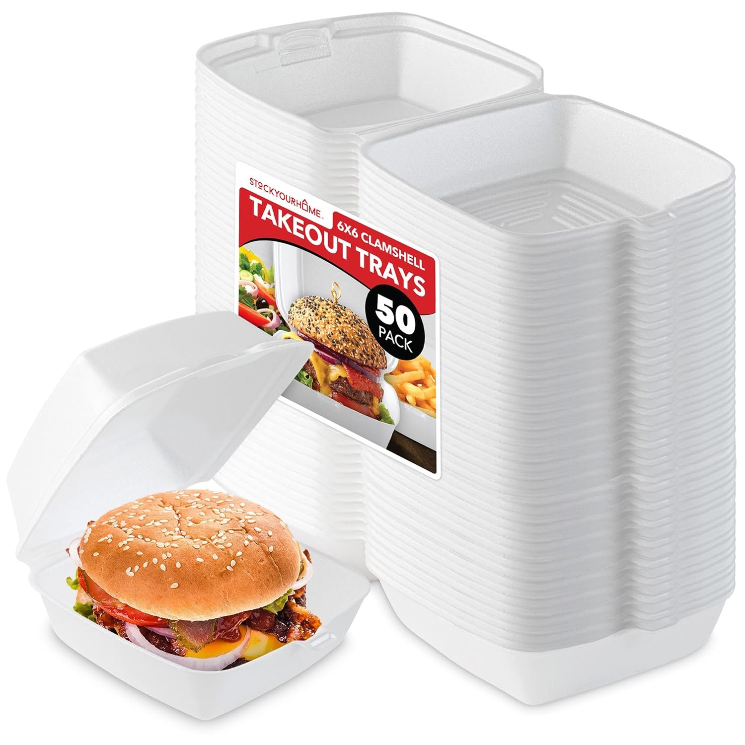 Stock Your Home 6x6 Clamshell Take Out Boxes (50 Pack) Small 1-Compartment Foam Food Containers Disposable Lunch Container, Restaurant Togo Trays with Hinged Lids for Takeout, Carryout, and Meal-Prep