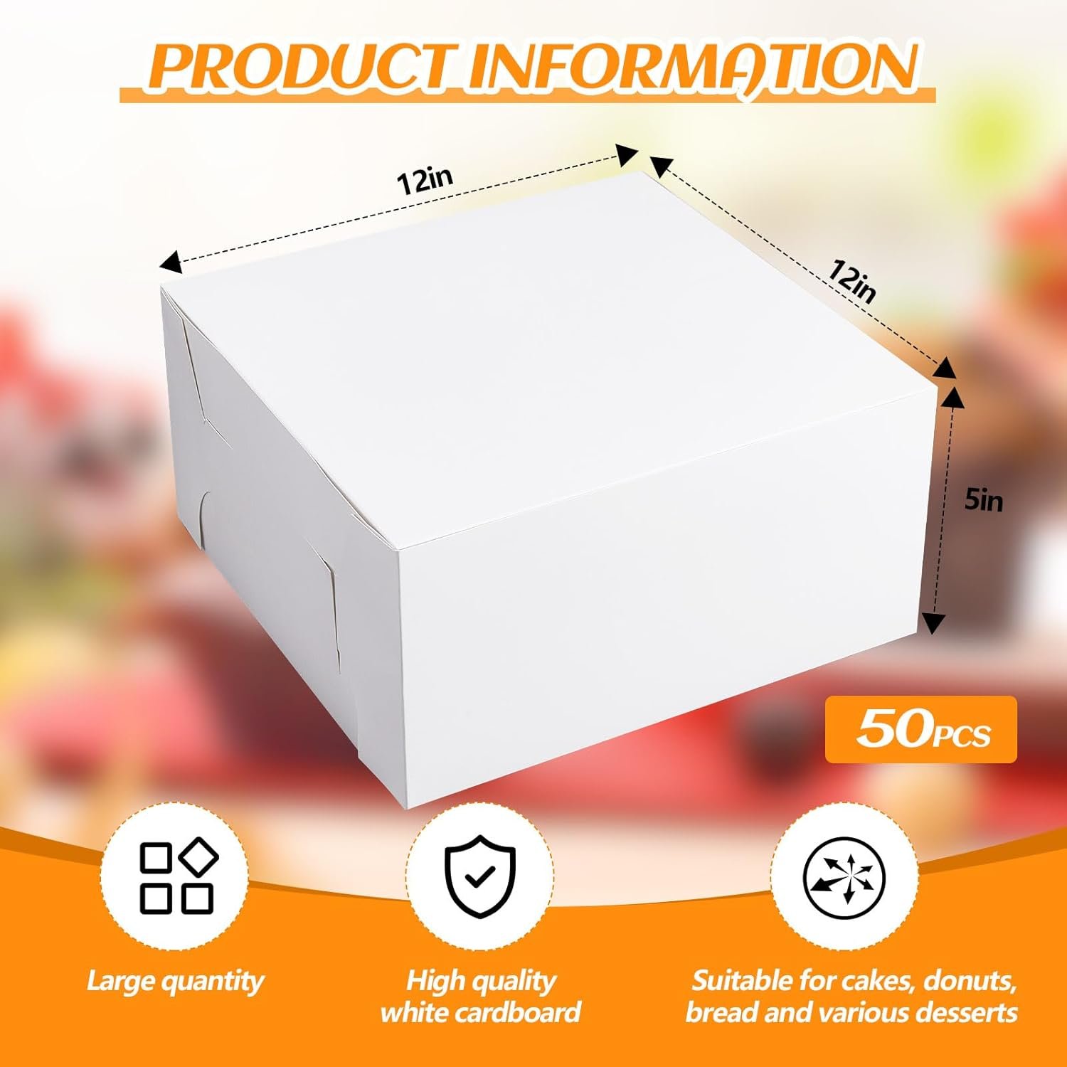 Wholesale 50 Pack 12 x 12 x 5 Inch White Cardboard Cake Bakery Boxes for Pie Pastry Cookies Factory