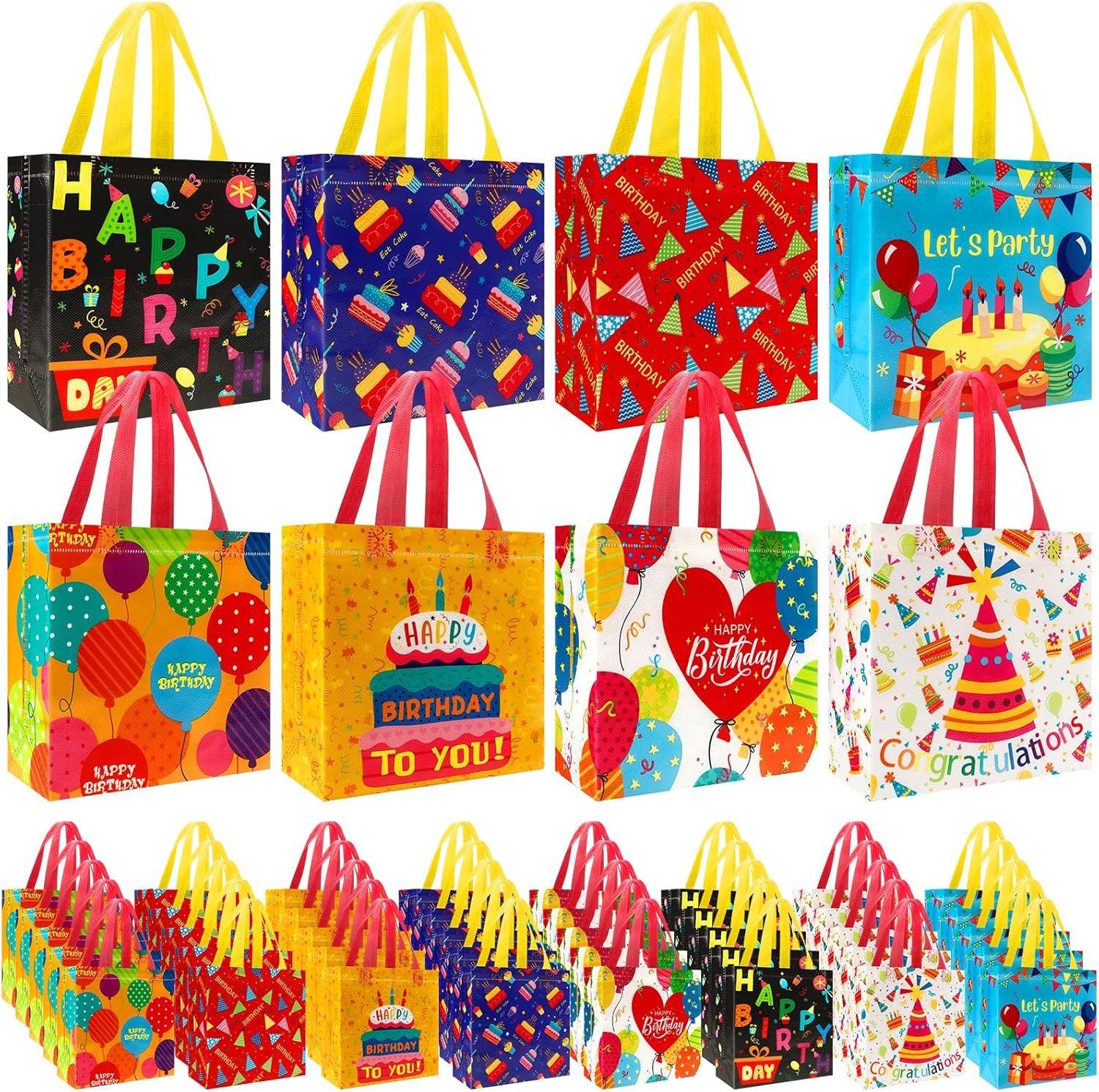 Pinsit 40 PCS Happy Birthday Party Favors Bags, Non Woven Birthday Gift Bags, Happy Birth Themed Reusable Goodie Bags with Handles for Boys Girls Birthday Baby Shower Party Supplies