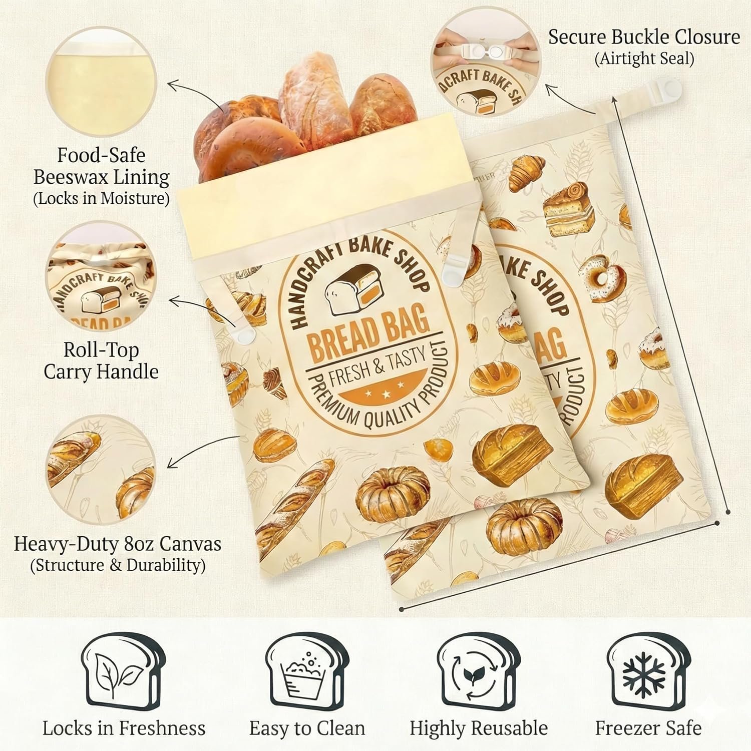 OEM 2 Pack Beeswax Bread Bags for Homemade Sourdough 13x17 Inch Double Layer Cotton Lined Reusable Breathable Keeper Buckle Closure Artisan Loaves Baguettes Pastries Factory OEM 2 Pack Beeswax Bread Bags for Homemade Sourdough 13x17 Inch Double Layer Cotton Lined Reusable Breathable Keeper Buckle Closure Artisan Loaves Baguettes Pastries Factory