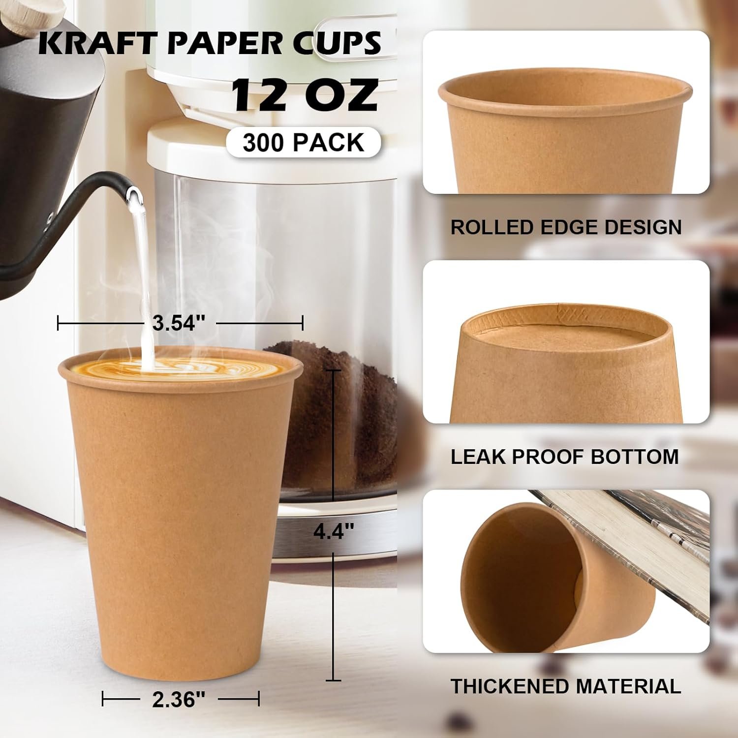Wholesale 300 Pack 12 oz Kraft Paper Cups Unbleached Disposable Coffee Cups Thickened Hot Cold Beverage Drinking for Parties Homes Cafes Bistros Businesses Brown Factory