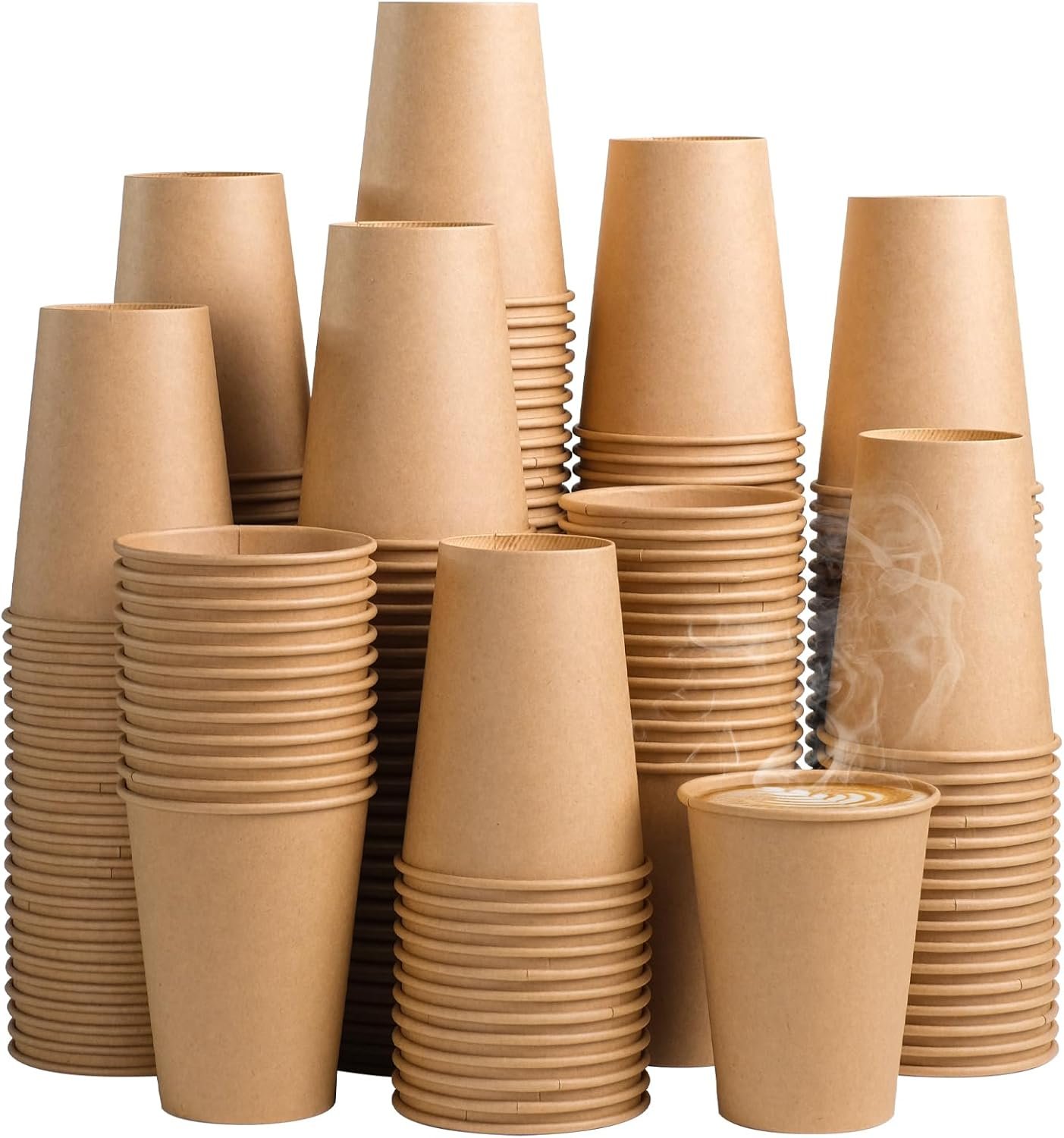 SIUQ 300 Pack 12 oz Kraft Paper Cups, Unbleached Disposable Paper Coffee Cups, Thickened Hot/Cold Beverage Drinking Cup for Party, Home, Cafes, Bistros, Businesses (Brown)