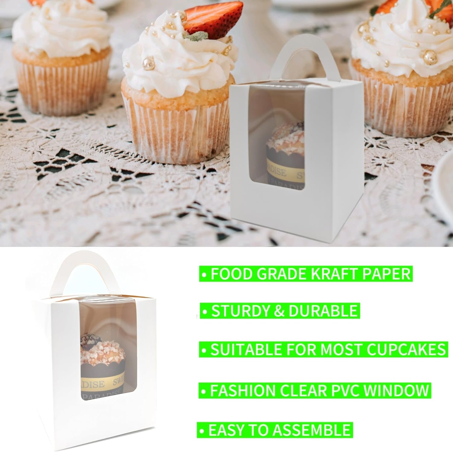 Wholesale 50-Pack Premium Individual Cupcake Boxes with Clear Display Window Food Grade White Containers for Muffins Cookies Factory