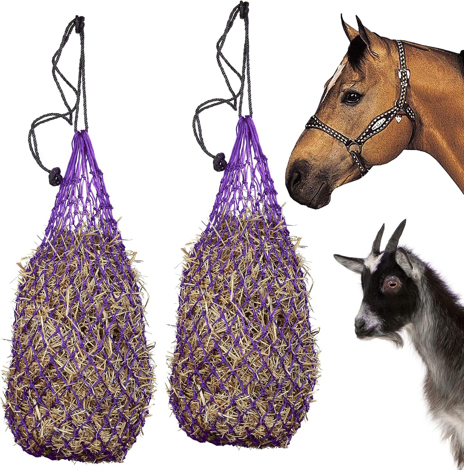 Majestic Ally 2 pcs Ultra Slow Feed 1.5"x1.5" Holes 40” Hay Net for Horses and livestocks (Purple)