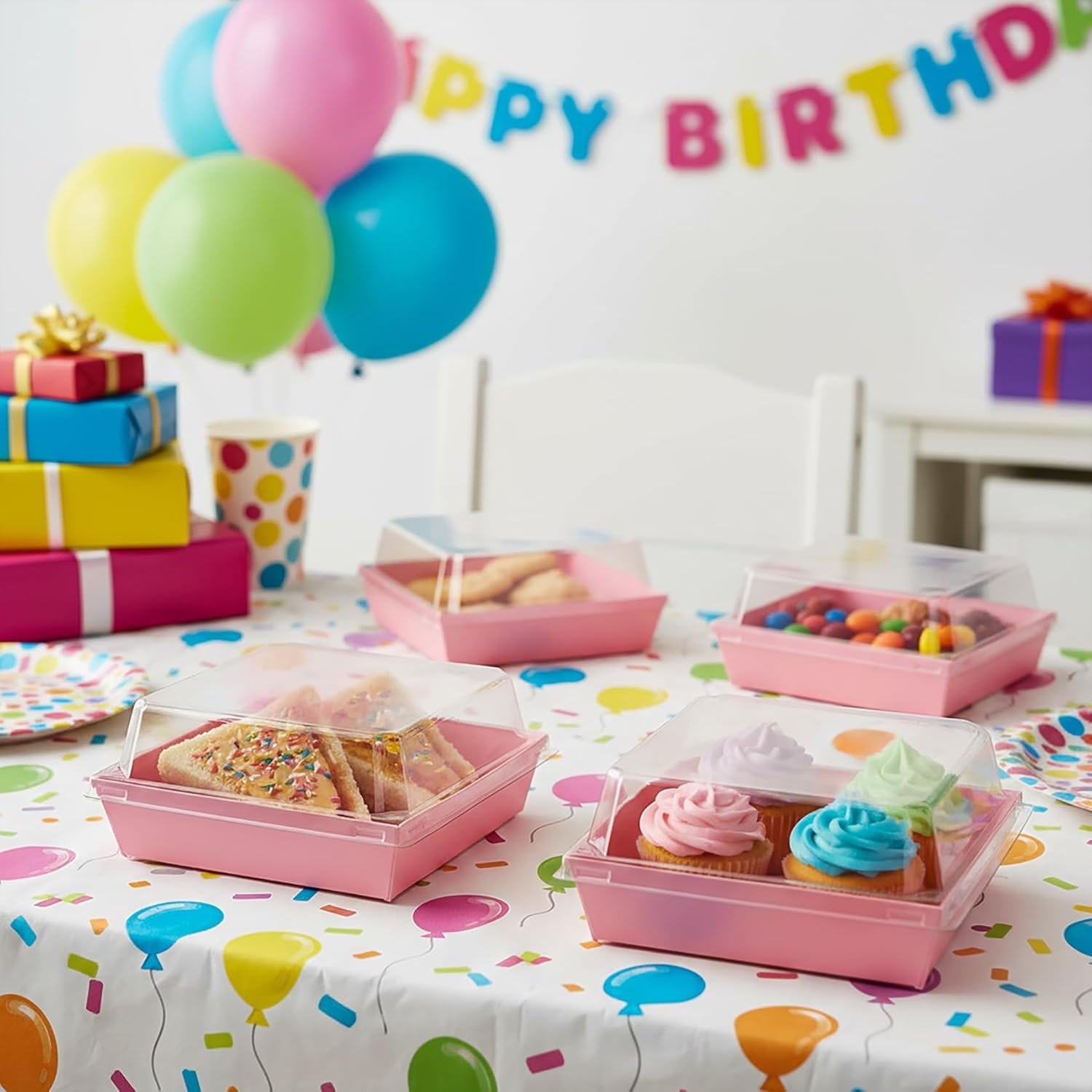 Wholesale 100 Pcs Pink Paper Charcuterie Boxes with Clear Lids 5.3 x 5.1 x 2.4 Inch Cardboard Dessert Food Containers with Rope Disposable Square for Bakery Donuts Cookies Strawberries Salads Factory