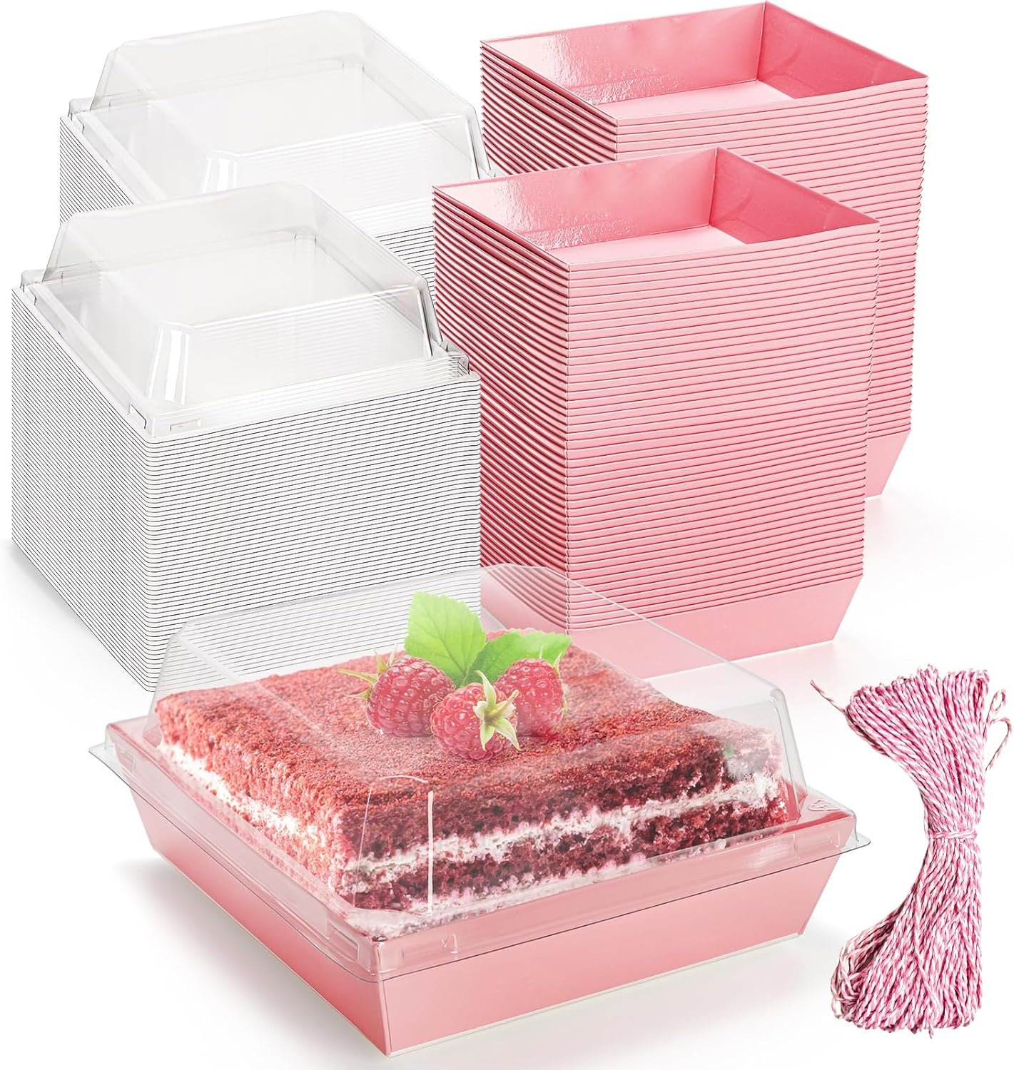 Hiceeden 100 Pcs Pink Paper Charcuterie Boxes with Clear Lids, 5.3"×5.1"×2.4" Cardboard Dessert Food Containers with Rope, Disposable Square Sandwich Box for Bakery, Donuts, Cookies, Strawberry, Salad