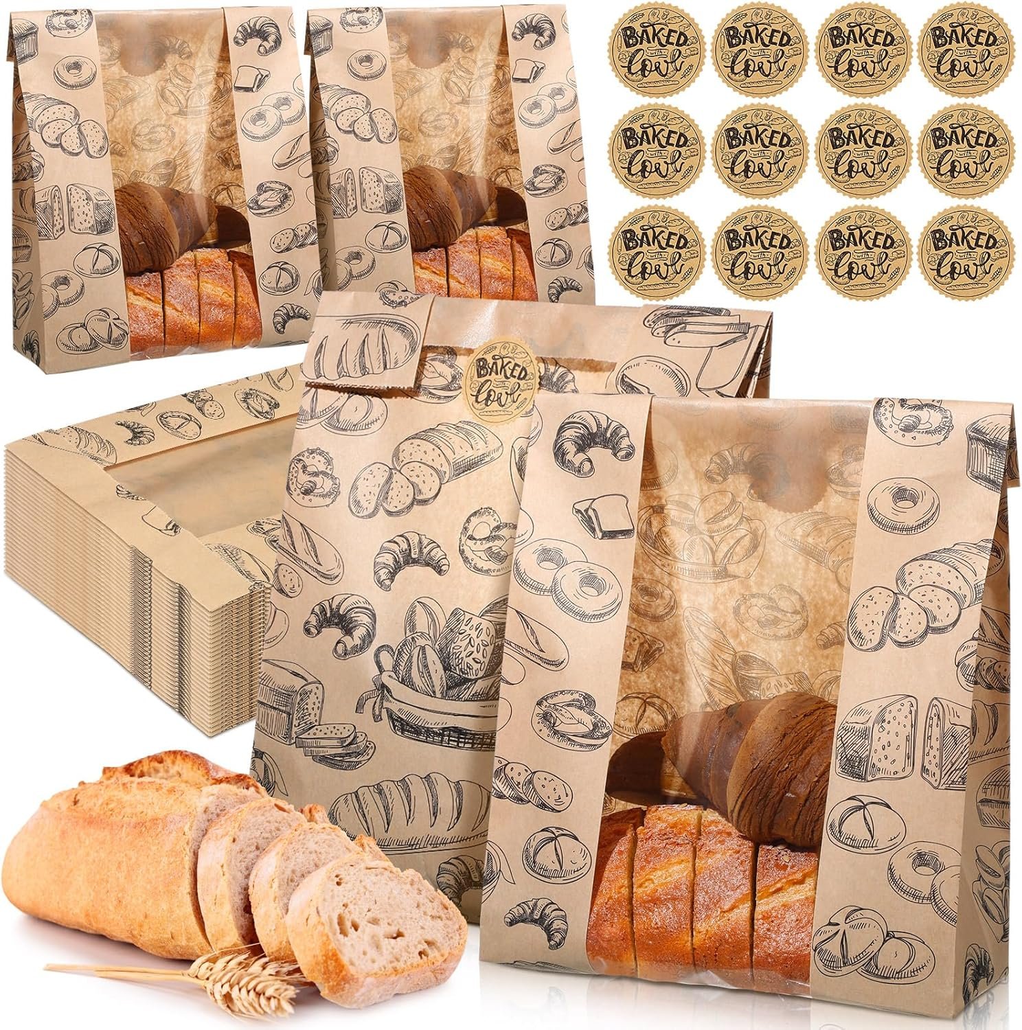 100 Packs Paper Bread Bags for Homemade Bread Sourdough 14 x 8.3 x 3.5 Inches Kraft Paper Bakery Bag with Window Label Seal Sticker for Baked Food Packaging Storage(Brown)