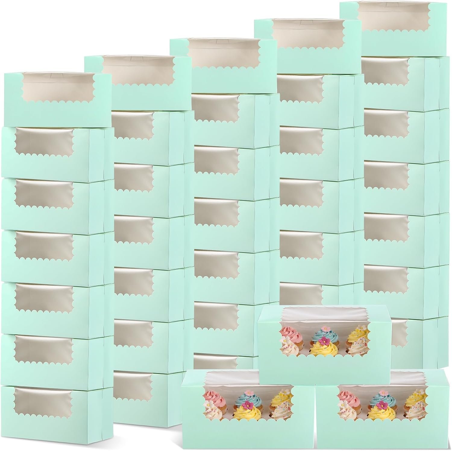 Ireer 60 Pcs 8x4x4 Inch Sage Green Bakery Boxes with Window Cookies Boxes Pumpkin Roll Container Donut Box Pastry Cake Packaging Safe for Wedding Cookies Loaf Muffins Breads Dessert Candies Treat