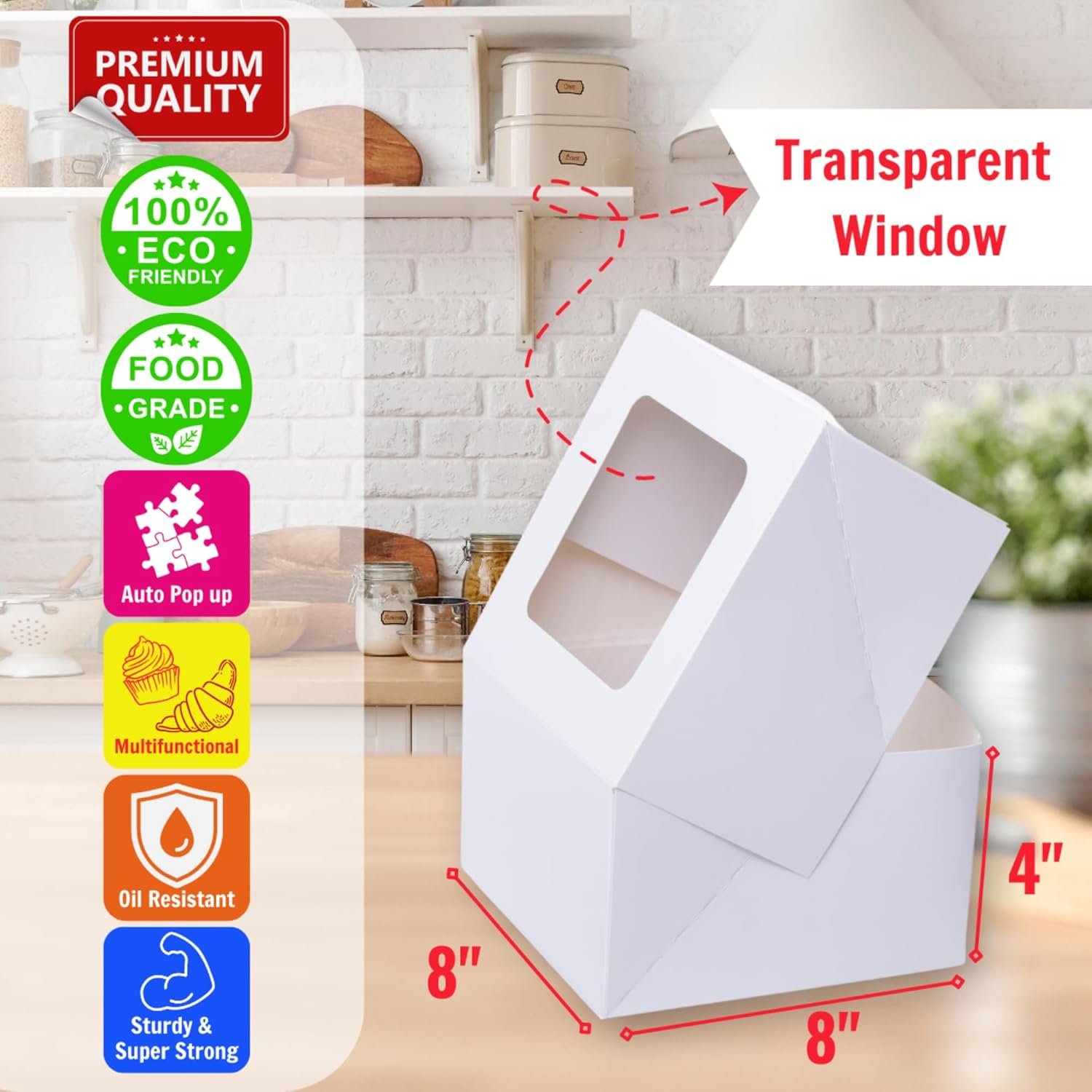 Wholesale 8x8x4 Inch Cake Boxes 25 Pack with Window and 30 Bonus Stickers Auto Popup Extra Thick Oil Resistant for Cookies Pies Treats Pastries Bakery Use at Home or Restaurant White Factory Wholesale 8x8x4 Inch Cake Boxes 25 Pack with Window and 30 Bonus Stickers Auto Popup Extra Thick Oil Resistant for Cookies Pies Treats Pastries Bakery Use at Home or Restaurant White Factory