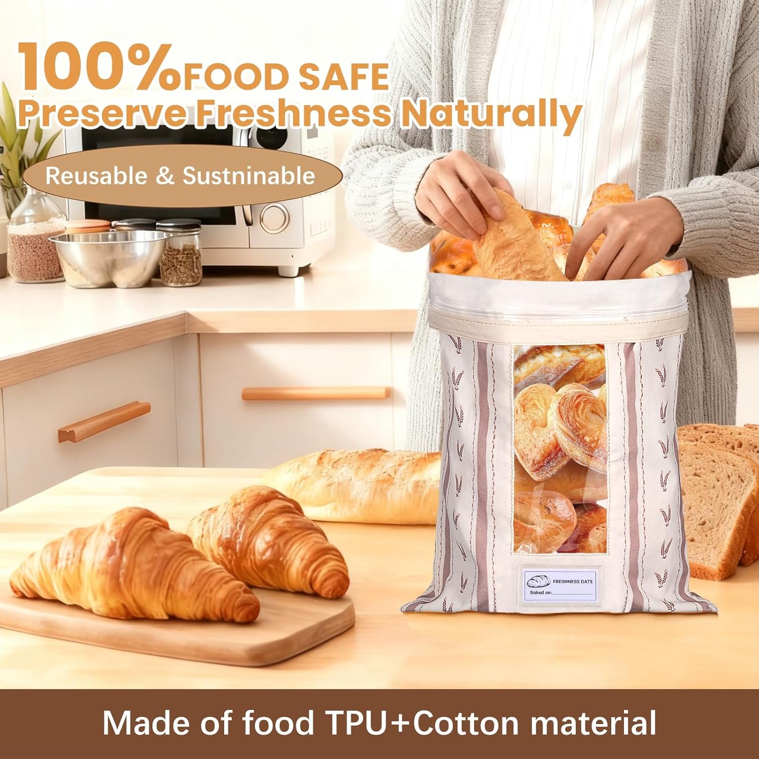 OEM Reusable Cotton Bread Bags with TPU Lining Transparent Window Anti-Slip Lock for Fresh Homemade Sourdough Storage Eco-Friendly Washable 2-Pack with Tag Factory