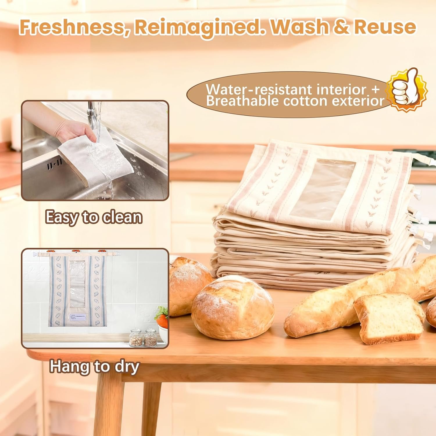 OEM Reusable Cotton Bread Bags with TPU Lining Transparent Window Anti-Slip Lock for Fresh Homemade Sourdough Storage Eco-Friendly Washable 2-Pack with Tag Factory