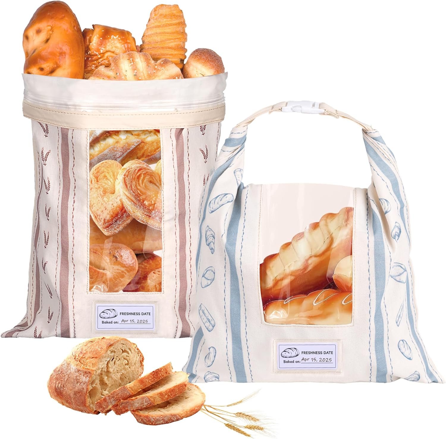 Reusable Bread Bags, Cotton & TPU Lining Bread Bags with Transparent Window, Anti-Slip Lock Keeps Homemade & Sourdough Bread Fresh Longer, Eco-Friendly Washable Storage with Tag(2 Pack)
