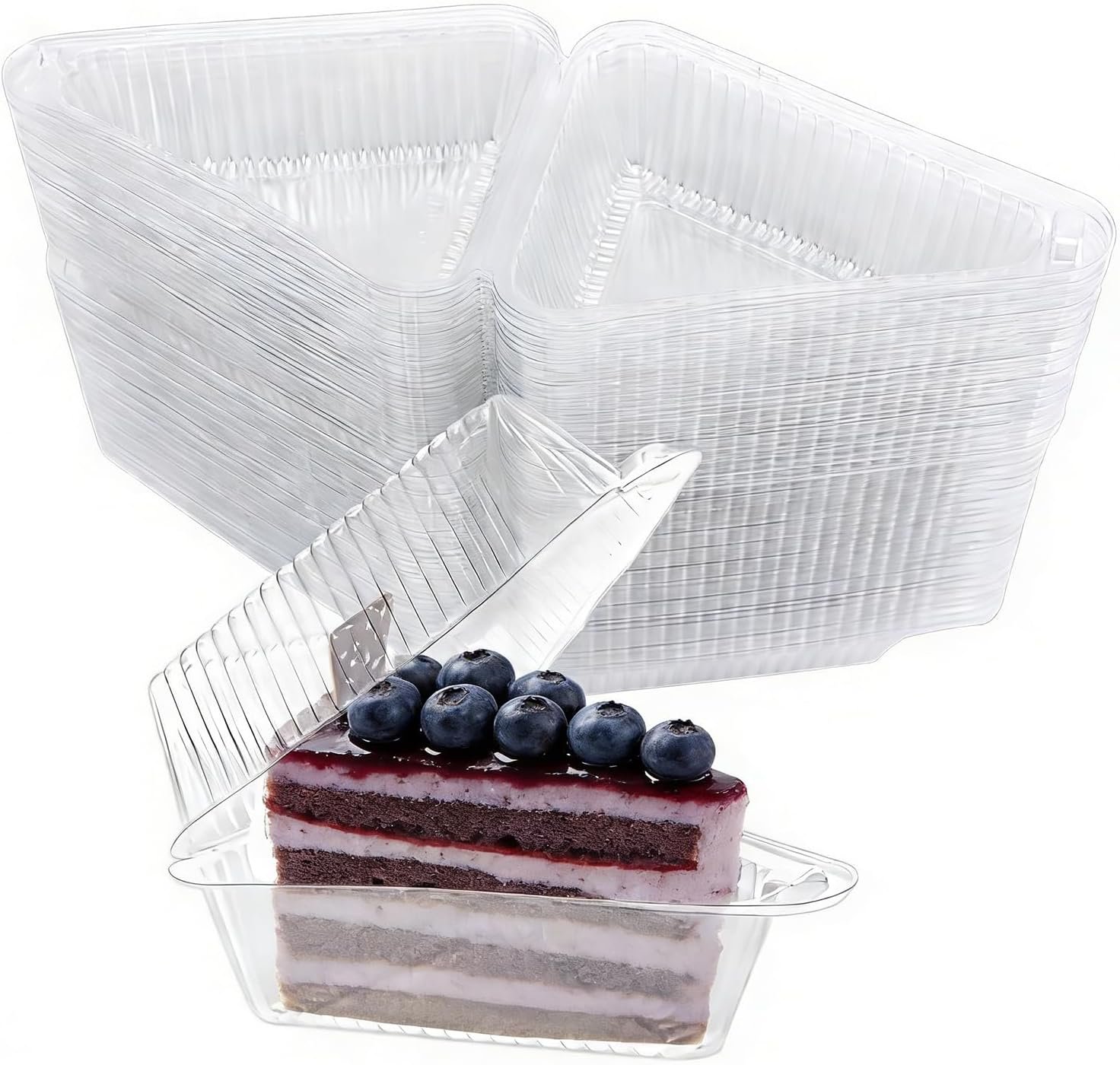 100 Pack Cake Slice Container - Clear Plastic Trays with Hinged Lids, Clear Plastic Cheesecake Carriers Disposable Triangle Slice Boxes for Cake or Pie Slices, Sandwiches, Desserts